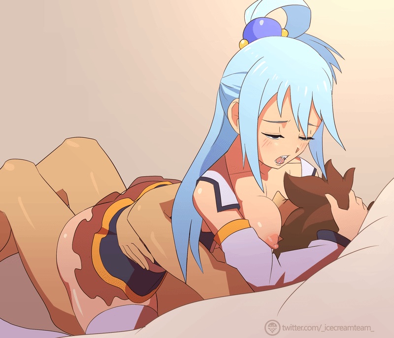 1boy aqua_(konosuba) artist_name blinking blue_skirt blush breast_smother breasts breasts_on_face brown_hair cowgirl_position female icecreamteam kono_subarashii_sekai_ni_shukufuku_wo! light_blue_hair naked_male on_bed on_top satou_kazuma sex white_leggings