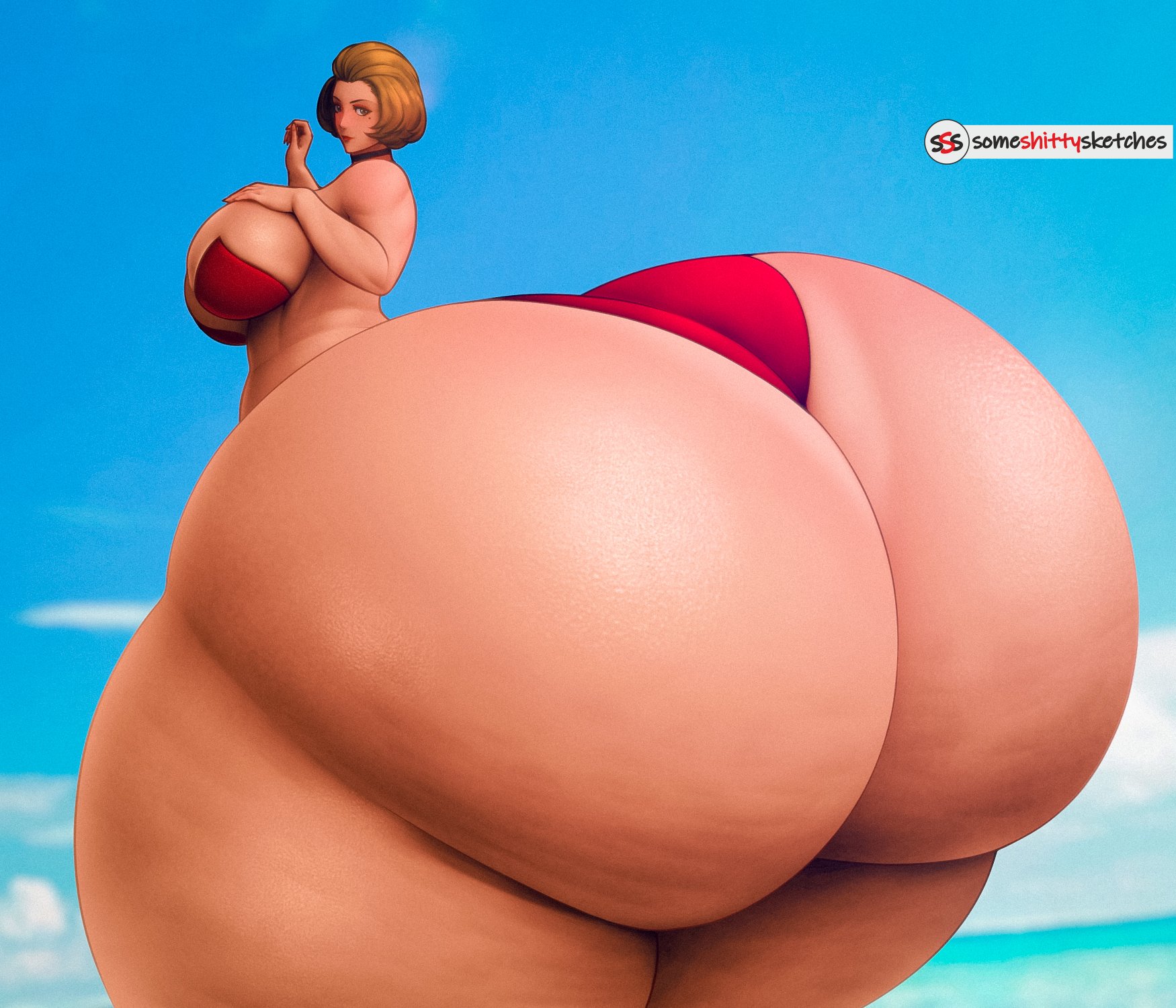 1girls, alternate costume, ass, ass bigger than body, ass bigger than head, ass bigger than torso, back view, beauty mark, big ass, big breasts, big butt, bikini, bottom heavy, breasts, brown eyes, brown hair, bubble ass, bubble butt, colossal ass, covered nipples, curvy, enormous ass, female, female only, fire emblem, fire emblem: three houses, giant ass, gigantic ass, huge ass, huge butt, huge hips, hyper, hyper ass, hyper butt, hyper hips, large breasts, lipstick, looking at viewer, looking back, manuela casagranda, massive ass, mole, mole under eye, nintendo, no bra, orange eyeshadow, orange lips, orange lipstick, red bikini, red swimsuit, short hair, sideass, solo, someshittysketches, swimsuit, thick ass, thick thighs, thunder thighs, voluptuous, wide hips