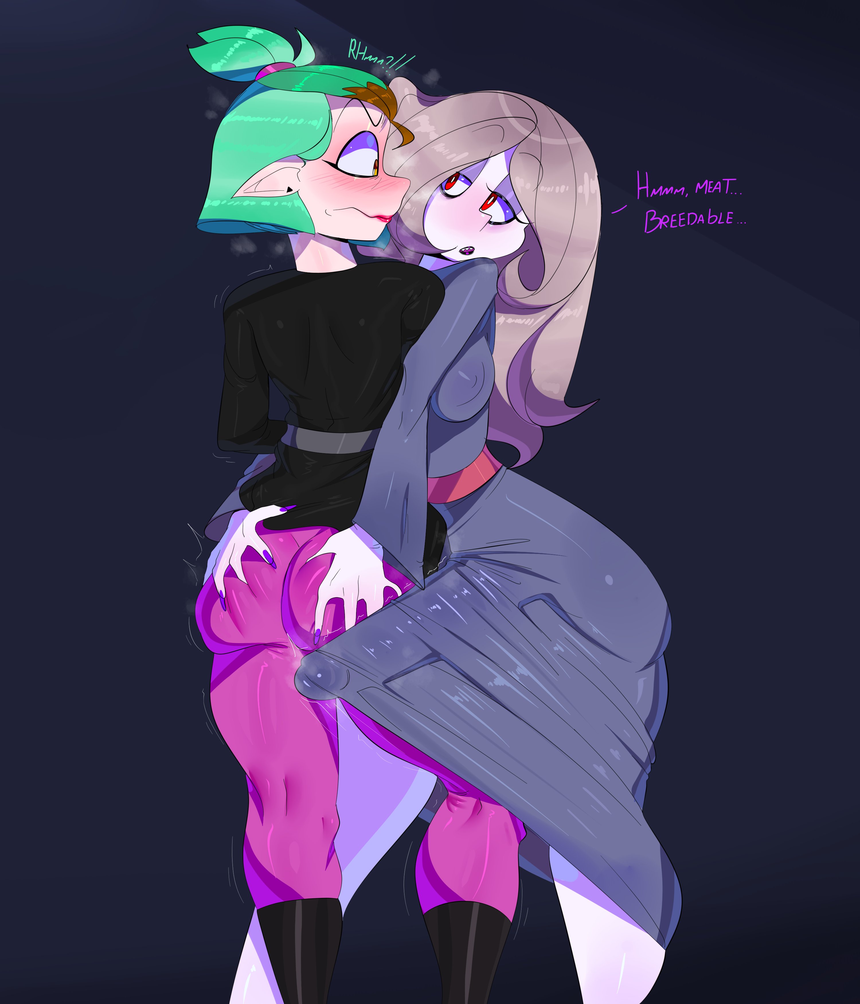 1futa, 1girls, about to pound the fuck outta em, age difference, amity blight, balls, big penis, breasts, clothed, clothed female, clothed futa, clothing, crossover, dialogue, disney, disney channel, duo, eastern and western character, english text, erection, erection under clothes, female, fully clothed, futa on female, futa with female, futanari, green hair, grey hair, huge cock, human, humanoid, imminent sex, intersex, light skin, light-skinned female, light-skinned futa, little witch academia, long hair, penis, questionable consent, size difference, standing, straight hair, sucy manbavaran, surprised, tayuri, tenting, text, the owl house