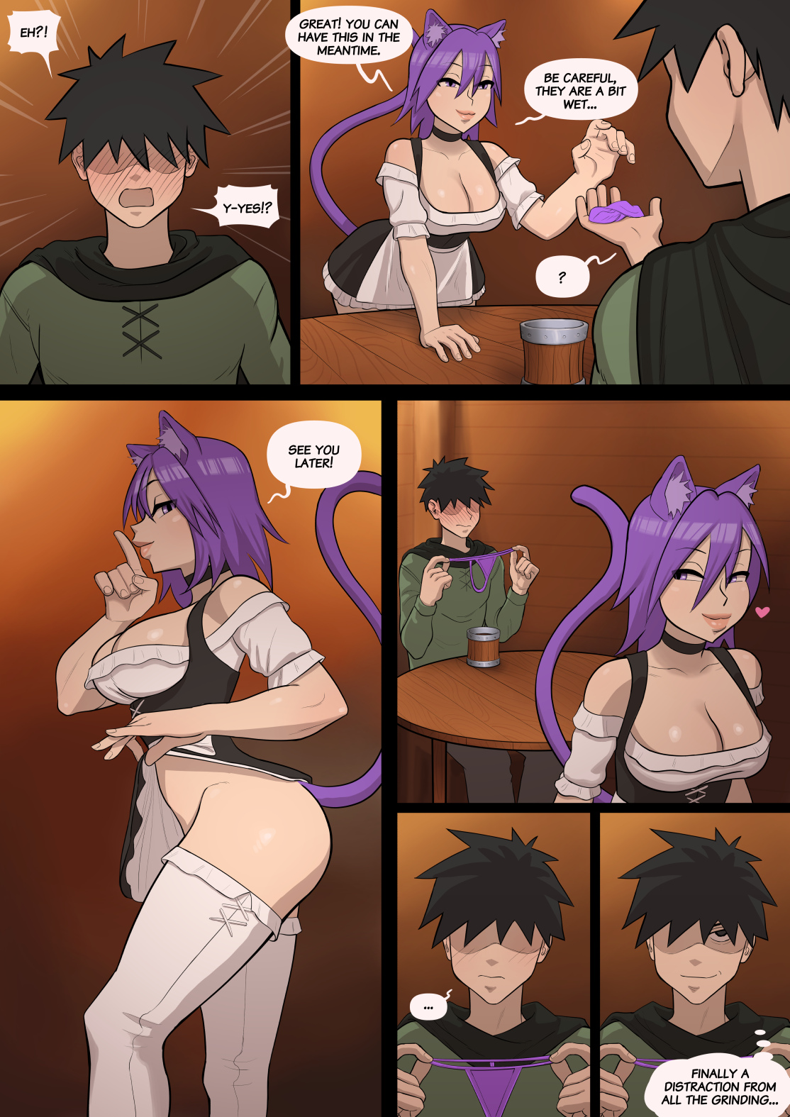 1boy, 1girls, 2d, ass, barmaid, big ass, big breasts, breasts, cat ears, cat girl, cat maid, cat tail, catgirl, choker, english text, female, flashing, flashing ass, licking lips, madabalone, maid, male, no panties, page 3, presenting hindquarters, purple eyes, purple hair, seductive, skirt lift, tail, tavern, teasing, thick thighs, wet, wet panties, wide hips