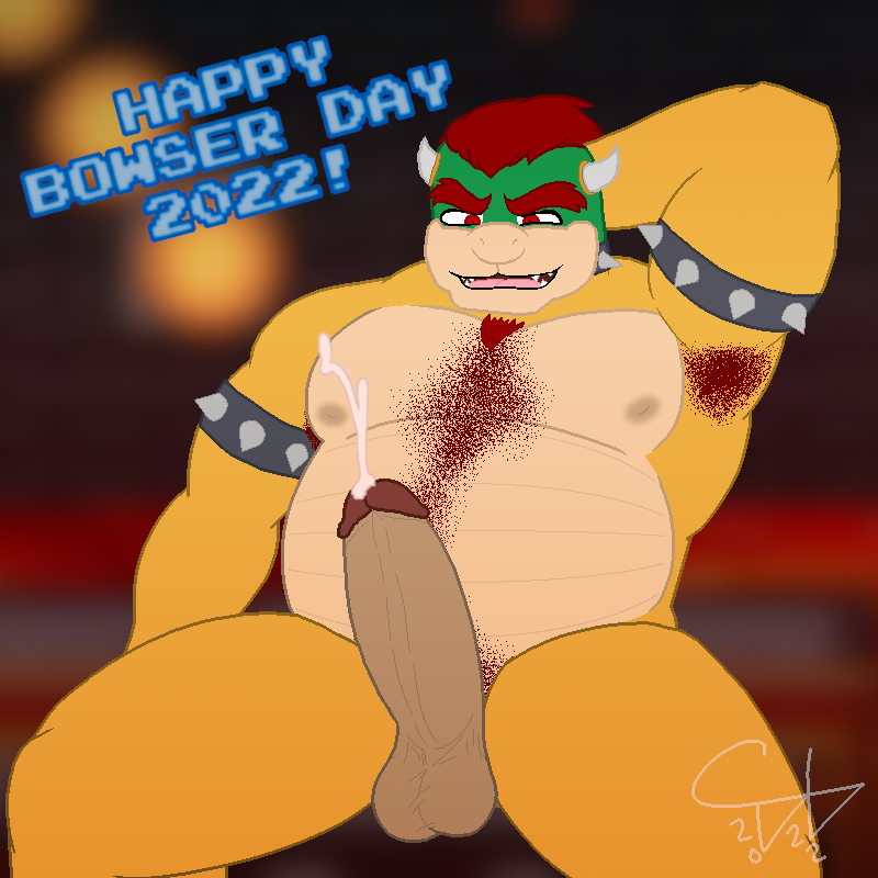 2022 anthro armpit_hair balls bara barazoku belly bowser bowser_day codawolfex collar cum cum_on_penis cumshot digital_media_(artwork) erection eyebrows green_body green_skin hair horn humanoid_genitalia humanoid_penis looking_down male male_only mario_(series) musclegut muscular muscular_anthro muscular_male nintendo nipples nude orgasm overweight overweight_anthro overweight_male penis pixel_art red_eyes red_hair solo solo_focus spikes teeth turtle video_games yellow_body