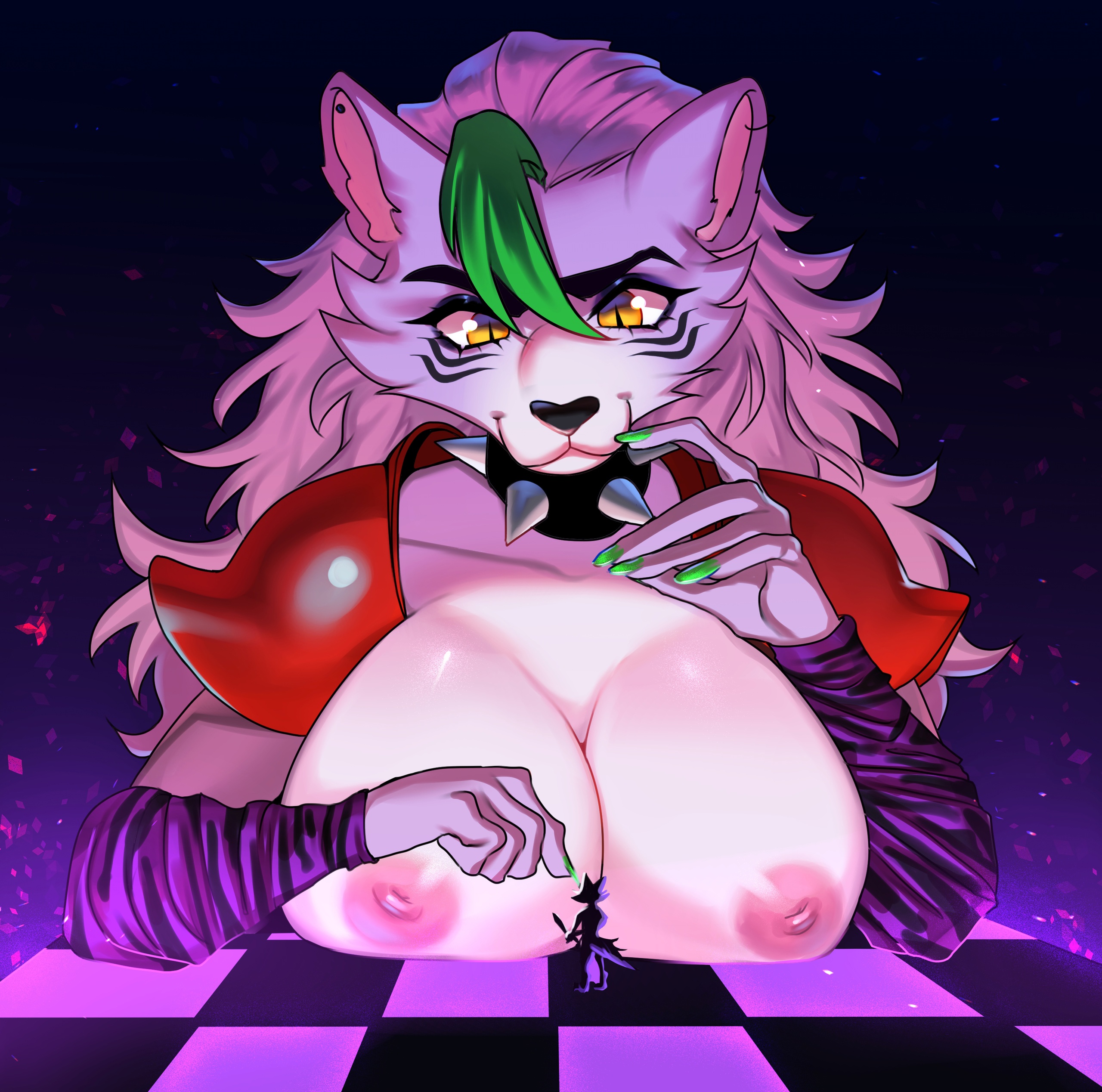 absurd res, anthro, big breasts, big female, breasts, canid, canine, canis, collar, comparing, ear piercing, female, five nights at freddy's, five nights at freddy's: security breach, hi res, iam3d, male, mammal, nipples, piercing, roxanne wolf (fnaf), scottgames, simple background, size difference, smaller male, solo, solo focus, studded collar, video games