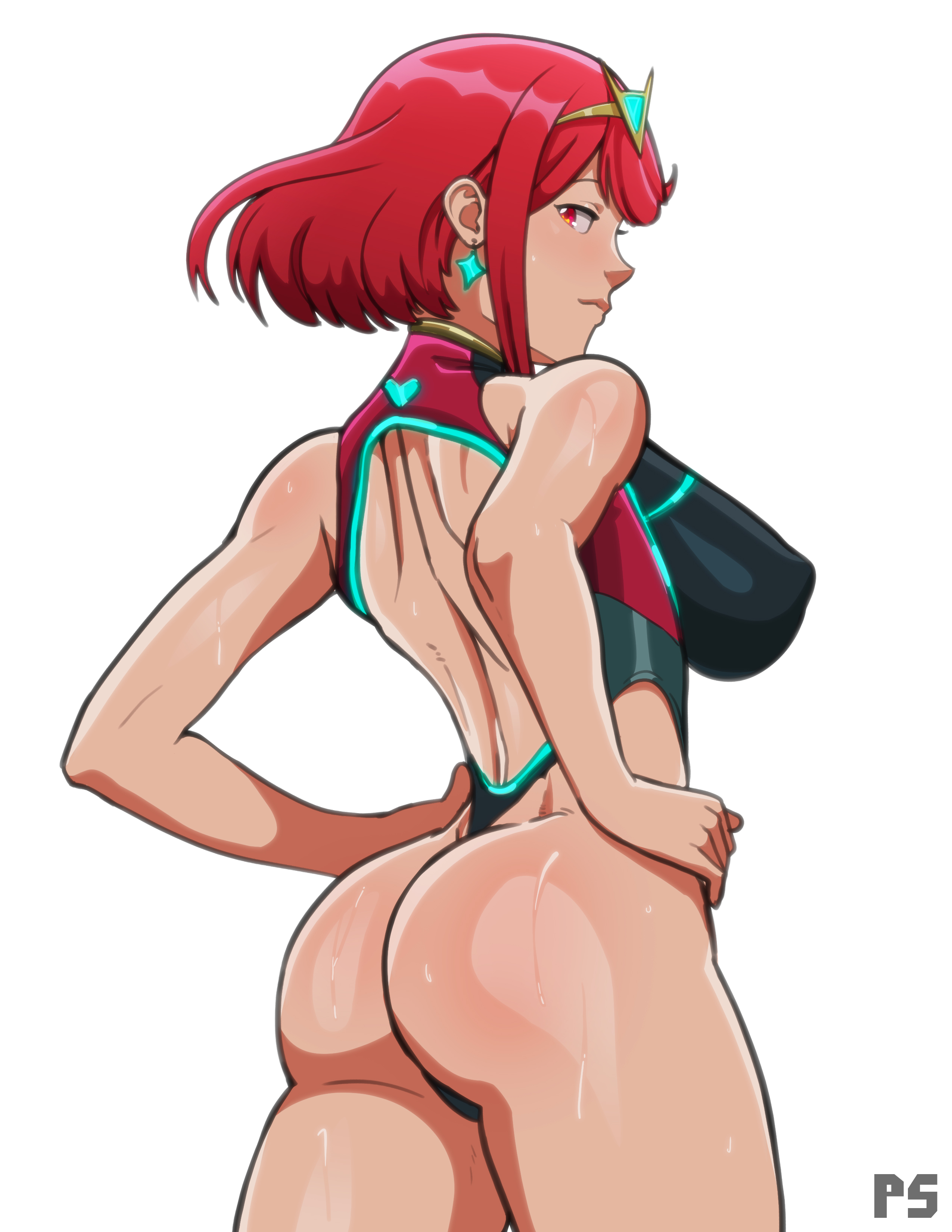 1girls, ass, big ass, big breasts, breasts, eye contact, female, female focus, female only, looking at viewer, pumpkinsinclair, pyra, red eyes, red hair, short hair, sideboob, solo, solo female, standing, thick thighs, thighs, xenoblade (series), xenoblade chronicles 2