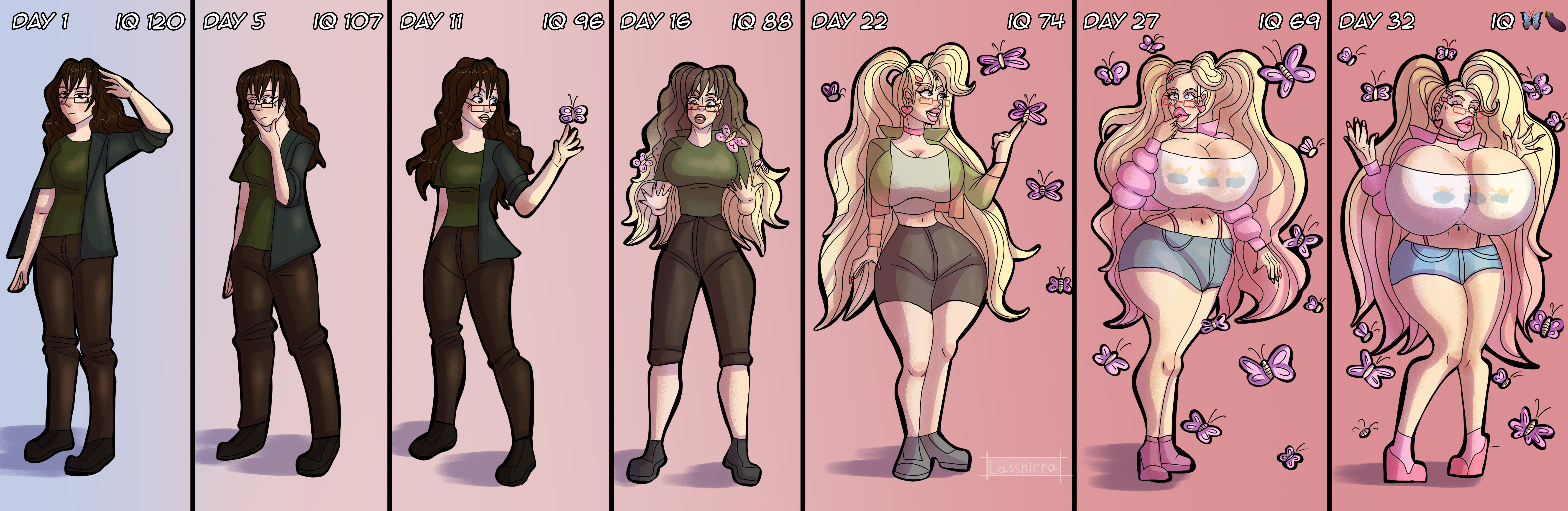 ass, ass expansion, bimbo, bimbofication, breast expansion, breast growth, breast growth (enlargement), breasts, female, hair color change, hair growth, high heels, huge ass, huge breasts, lassnirra, lip expansion, mind control, navel, thick lips, thick thighs, thigh expansion, transformation, transformation sequence, wide hips