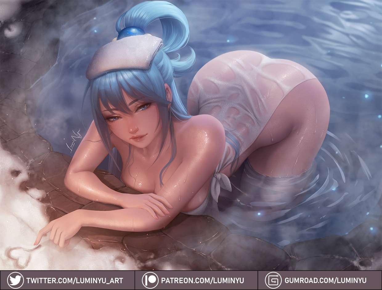 1girls, 2022, aqua (konosuba), artist signature, ass, blue eyes, blue hair, breasts, deity, female, female only, goddess, gumroad username, hartman hips, huge ass, kono subarashii sekai ni shukufuku wo!, large breasts, long hair, looking at viewer, luminyu, naughty face, patreon username, suggestive look, thick lips, towel, towel on head, towel only, twitter username, water, watermark, wet, wet body, wet towel