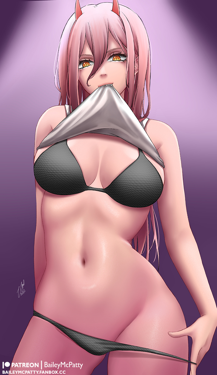 1girls, baileymcpatty, big breasts, bra, breasts, chainsaw man, demon, demon girl, eye contact, female, female only, horns, light skin, long hair, looking at viewer, orange eyes, panties, pink hair, power (chainsaw man), solo, solo female, standing, thick thighs, thighs