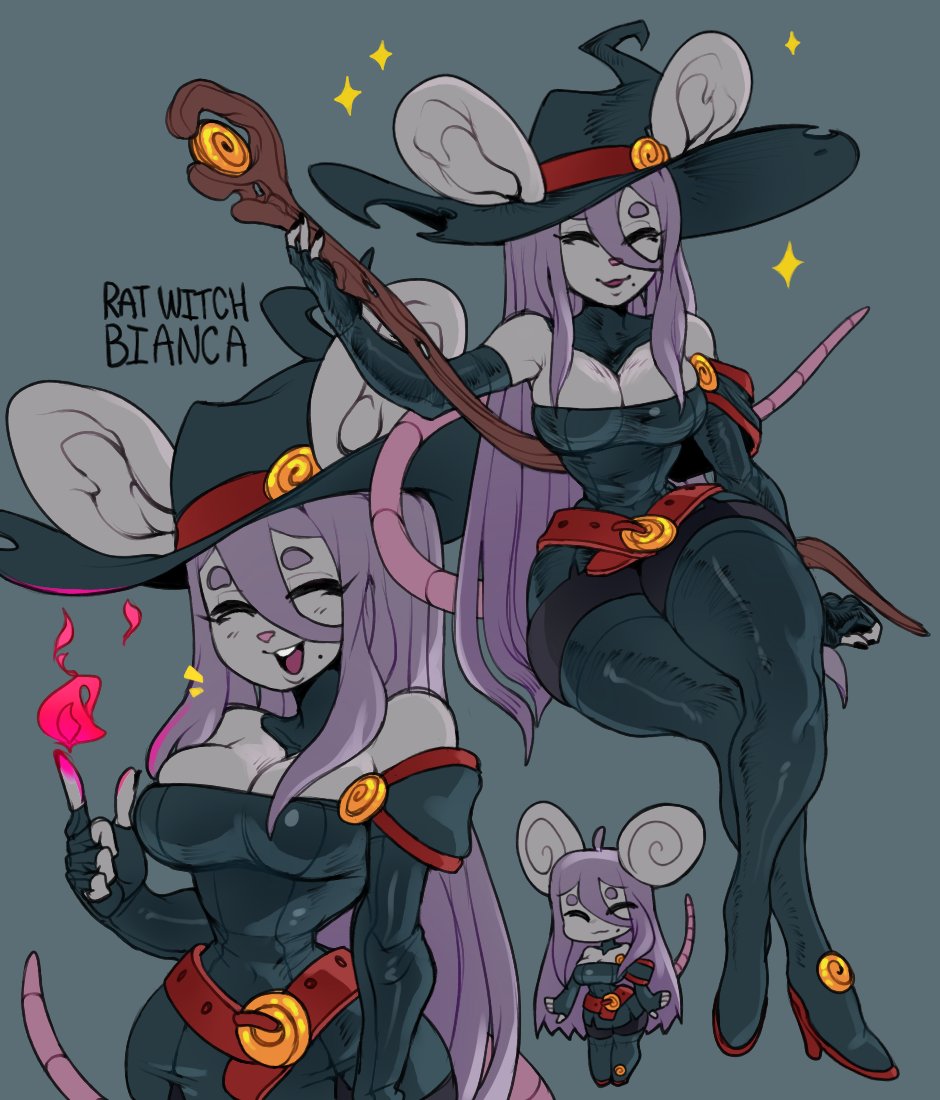 1girls, anthro, big breasts, breasts, cleavage, closed eyes, dizzyspells, eyes closed, female, female only, long hair, mouse, mouse ears, mouse tail, murine, purple hair, smiling, solo, staff, tagme, tail, thigh boots, witch, witch hat