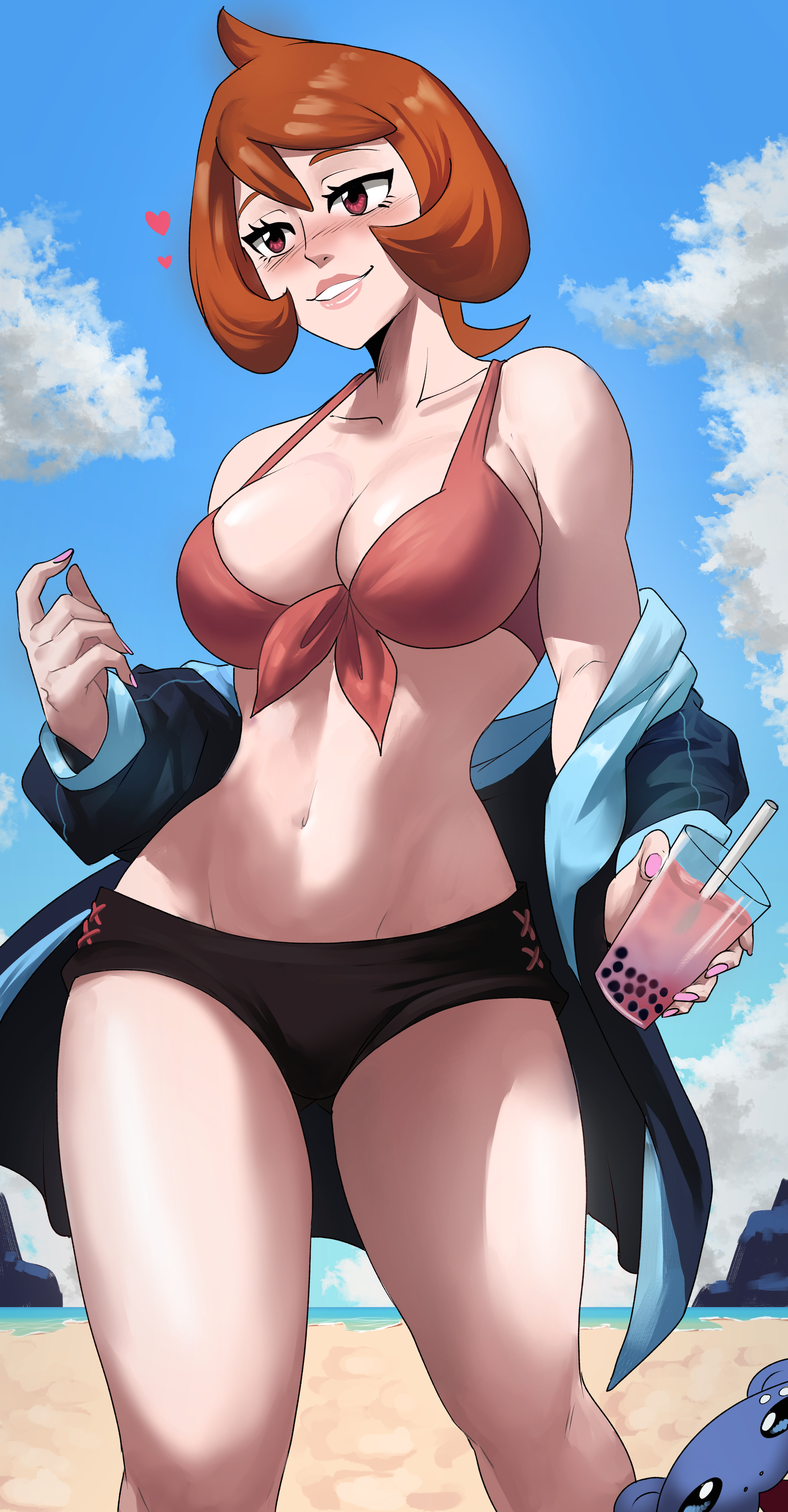 1girls, 2022, absurd res, arezu (pokemon), beach, big breasts, bikini, breasts, echosaber, female, hips, holding object, huge breasts, nintendo, outdoors, pokemon, pokemon legends: arceus, red eyes, red hair, short hair, slim waist, smile, thick thighs, thighs, wide hips