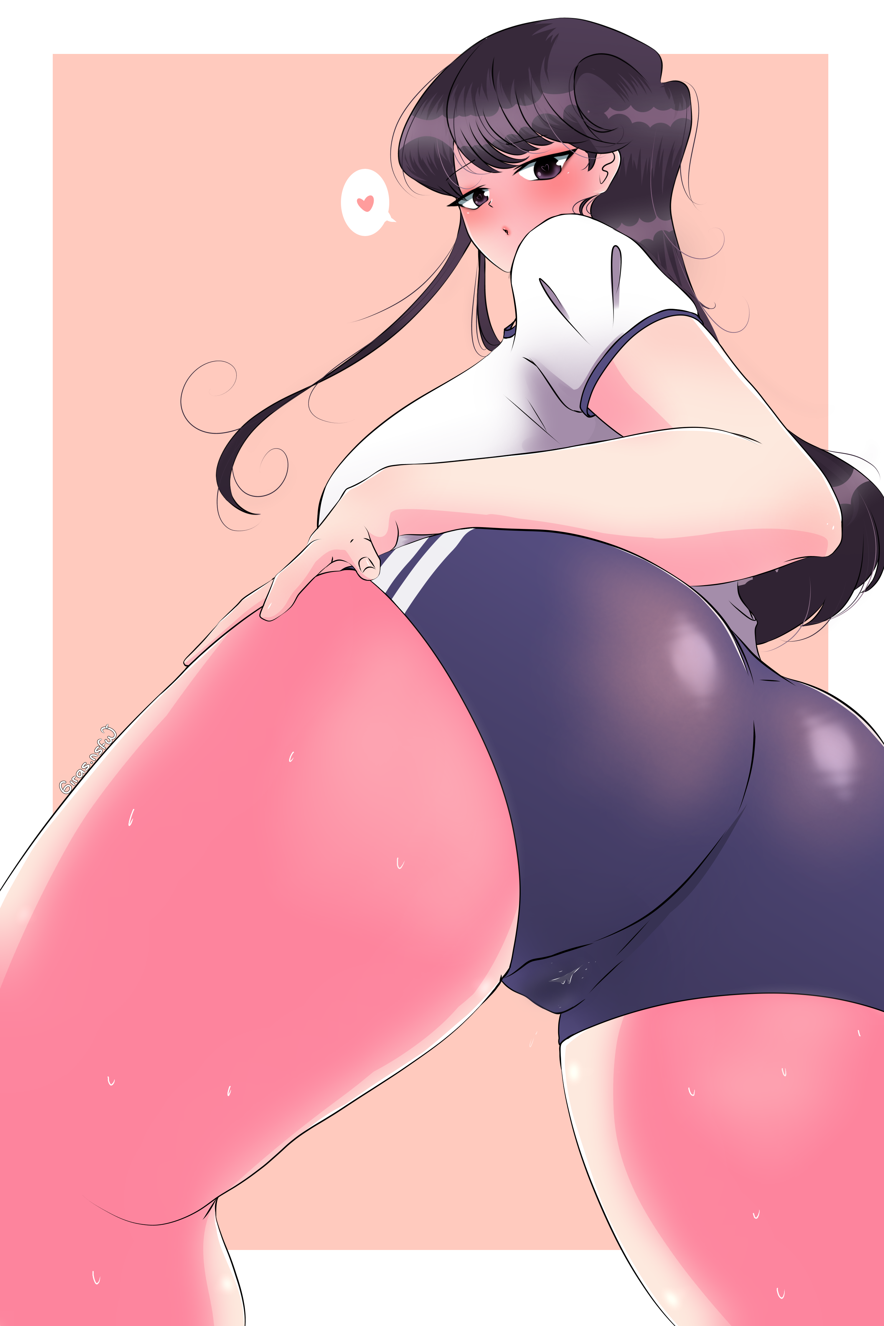 anime style, ass, black hair, commission, commissions open, female, from below, girasol nsfw, gym uniform, heart, komi shouko, komi-san wa komyushou desu, looking at viewer, looking back, looking down, pussy, pussy juice, solo, tagme
