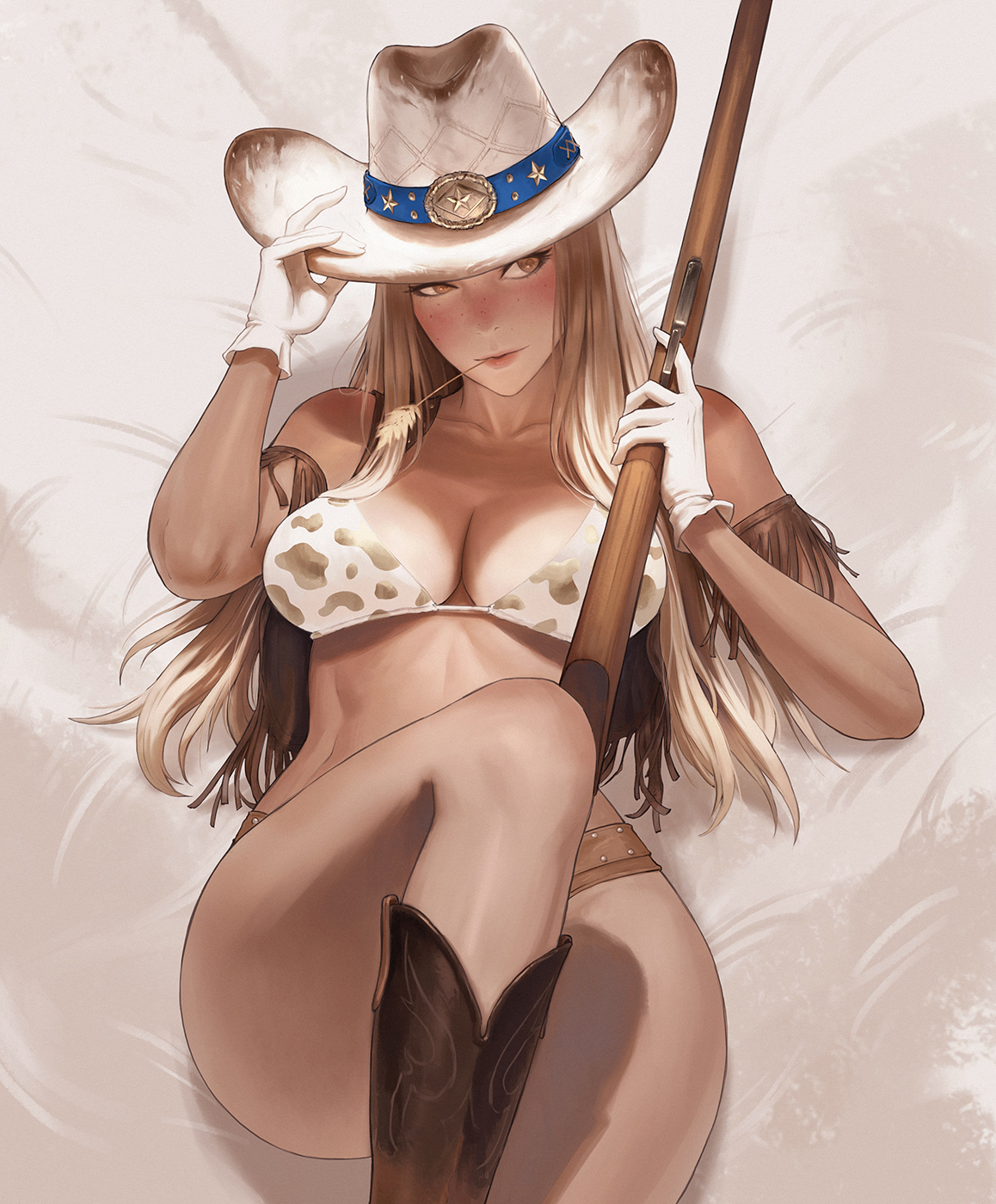 animal print, blonde female, blonde hair, blush, boots, breasts, brown eyes, cow print, cowboy boots, cowboy hat, cowboy shot, dark skin, dark-skinned female, english commentary, female, gloves, gun, hat, highres, holding, holding gun, holding weapon, in mouth, large breasts, long hair, looking away, lying, nuker, nuker (nukerdraws), on back, original, shadow, solo, tan, thick thighs, thighs, weapon, white gloves, wide hips