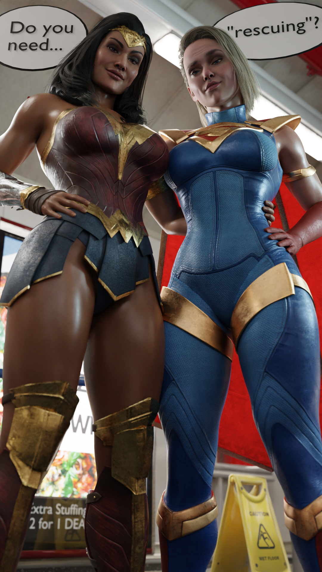 2girls, 3d, black hair, blender, blonde female, blonde hair, blue eyes, breasts, dark skin, dark-skinned female, dc, dc comics, diana prince, female, female only, hero, huge breasts, injustice 2, kara danvers, kara zor-el, kaylzara, large breasts, looking at viewer, low-angle view, muscular, muscular female, muscular thighs, olive skin, pale skin, supergirl, supergirl (injustice), superhero, superman (series), thick thighs, wonder woman, wonder woman (injustice), wonder woman (series)