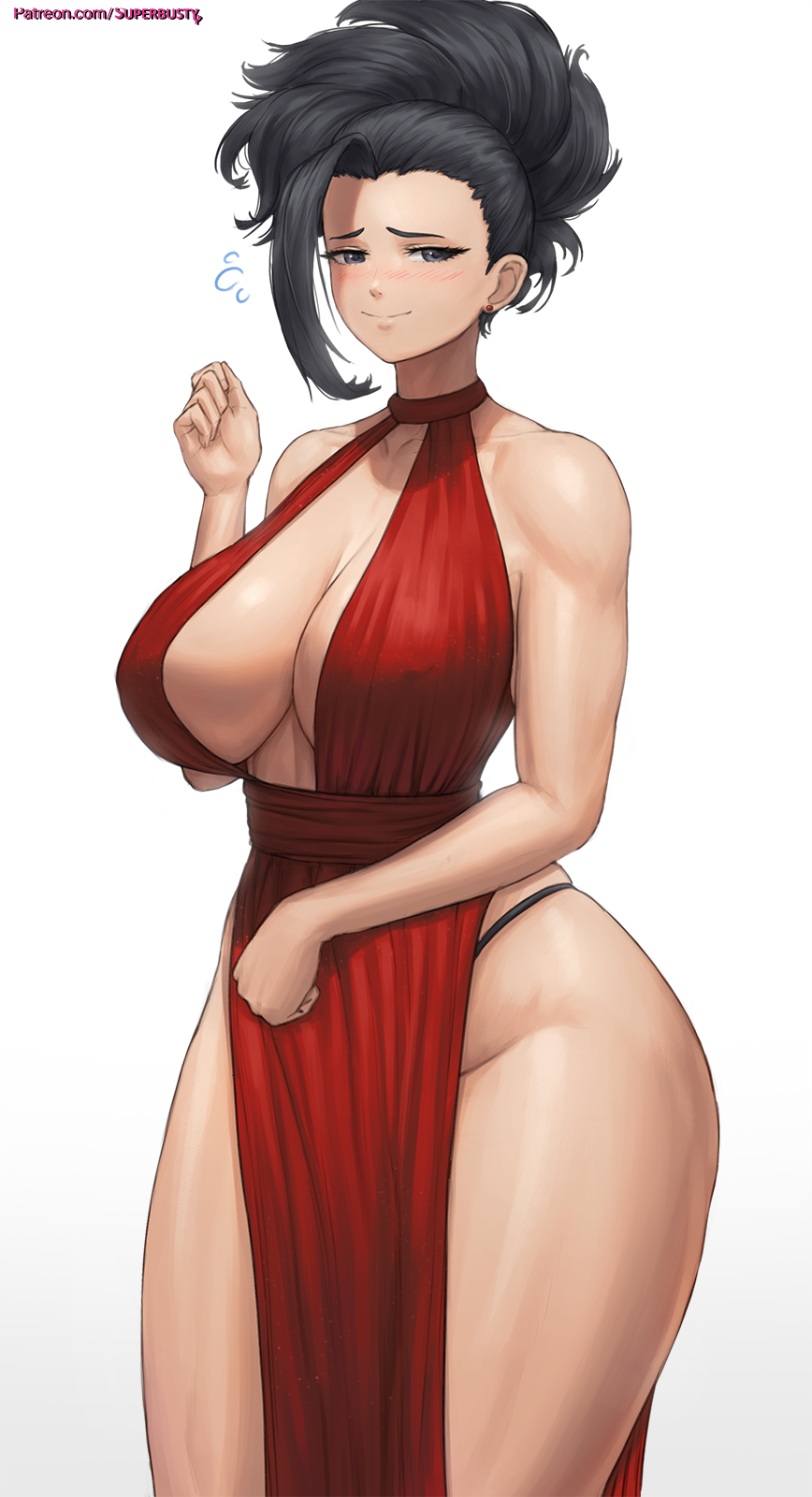 1girls, alternate breast size, big breasts, black hair, black-haired female, blush, blushing, breasts, cleavage, clothed, clothed female, dress, embarrassed, eye contact, female, female only, huge breasts, large breasts, long hair, looking at viewer, momo yaoyorozu, my hero academia, pelvic curtain, ponytail, red dress, revealing clothes, shy, smile, solo, solo female, standing, superbusty, thick thighs, thong, tied hair, voluptuous, white background, wide hips