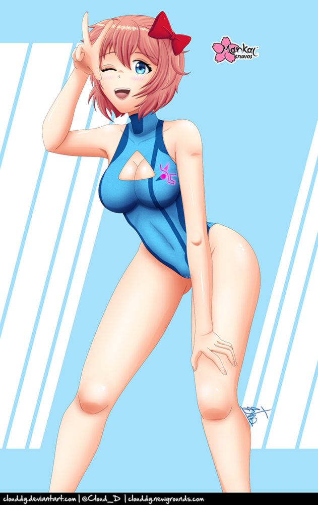 ass_visible_through_thighs blue_eyes blue_outfit boob_window bow breasts cameltoe cleavage clouddg doki_doki_literature_club just_sayori looking_at_viewer one_eye_closed open_mouth orange_mouth peace_sign red_bow sayori_(doki_doki_literature_club) strawberry_blonde_hair winking winking_at_viewer zero_suit