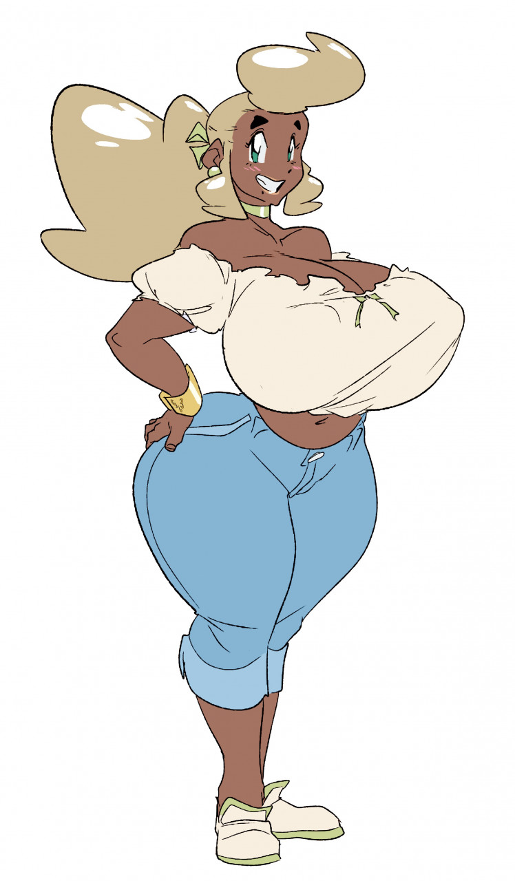 1girls, ass, big breasts, big hair, blonde hair, blouse, bracelet, breasts, bubble ass, bubble butt, clothed, clothed female, dark skin, dark-skinned female, fan character, female, green eyes, huge breasts, jeans, juliana (pokemon), kanani, looking at viewer, mother, nipple bulge, pokemon, ponytail, slb, smiling at viewer, solo, solo focus, thick thighs