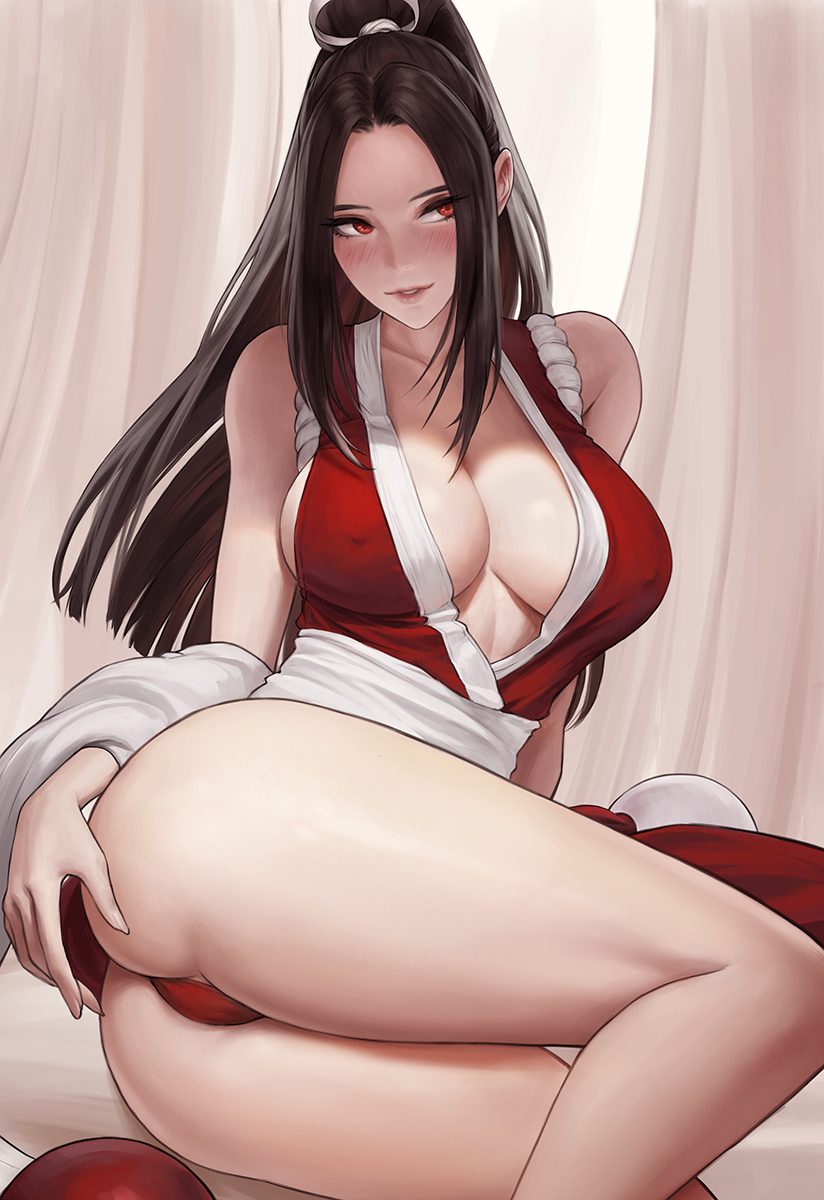 ass, athletic, athletic female, bangs, bare shoulders, blush, breasts, brown hair, cleavage, collarbone, curvy, fatal fury, female, highres, hourglass figure, king of fighters, large breasts, long hair, looking away, mai shiranui, no bra, nuker, parted bangs, ponytail, red eyes, revealing clothes, snk, sole female, solo, thick thighs, thighs