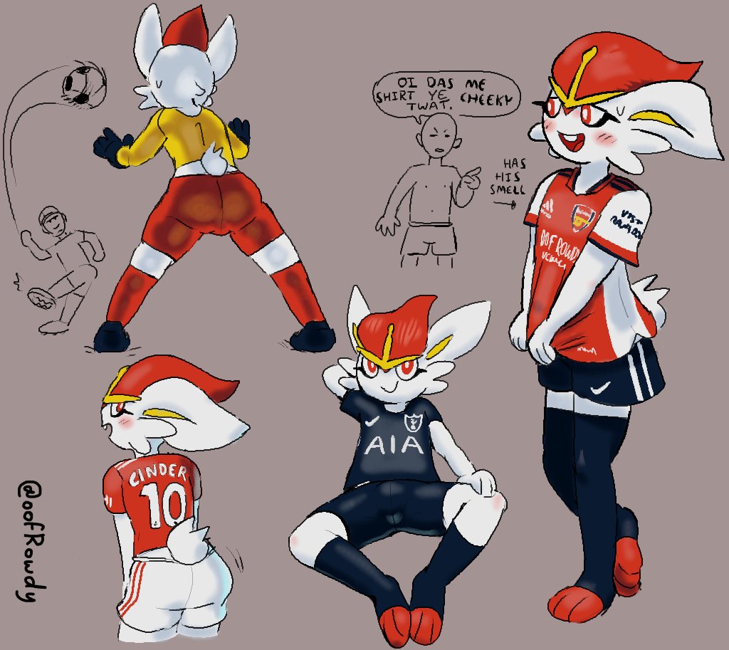 anthro, ass, big ass, big butt, blush, bubble ass, bubble butt, bulge, bulge through clothing, cinderace, clothed, clothing, dialogue, english text, fur, furry, huge ass, looking back, male, male focus, nintendo, oofrowdy, pokémon (species), pokemon, pokemon (species), solo focus, tagme, text