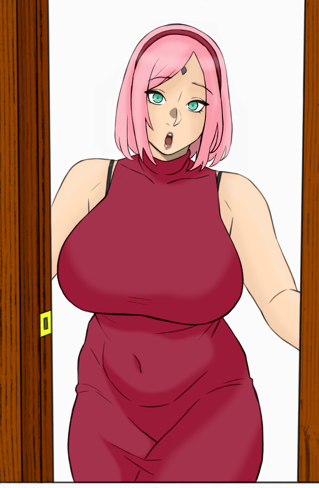 1girls, 2022, alternate breast size, big breasts, boruto: naruto next generations, breasts, curvy, female, forehead jewel, forehead mark, forehead protector, huge breasts, kunoichi, large breasts, midriff, milf, naruto, naruto (series), naruto shippuden, navel, ninja, pink hair, red dress, sakura haruno, shounen jump, suprised, suprised eyes, suprised look, surprised face, thick thighs, thunder thighs, wide hips
