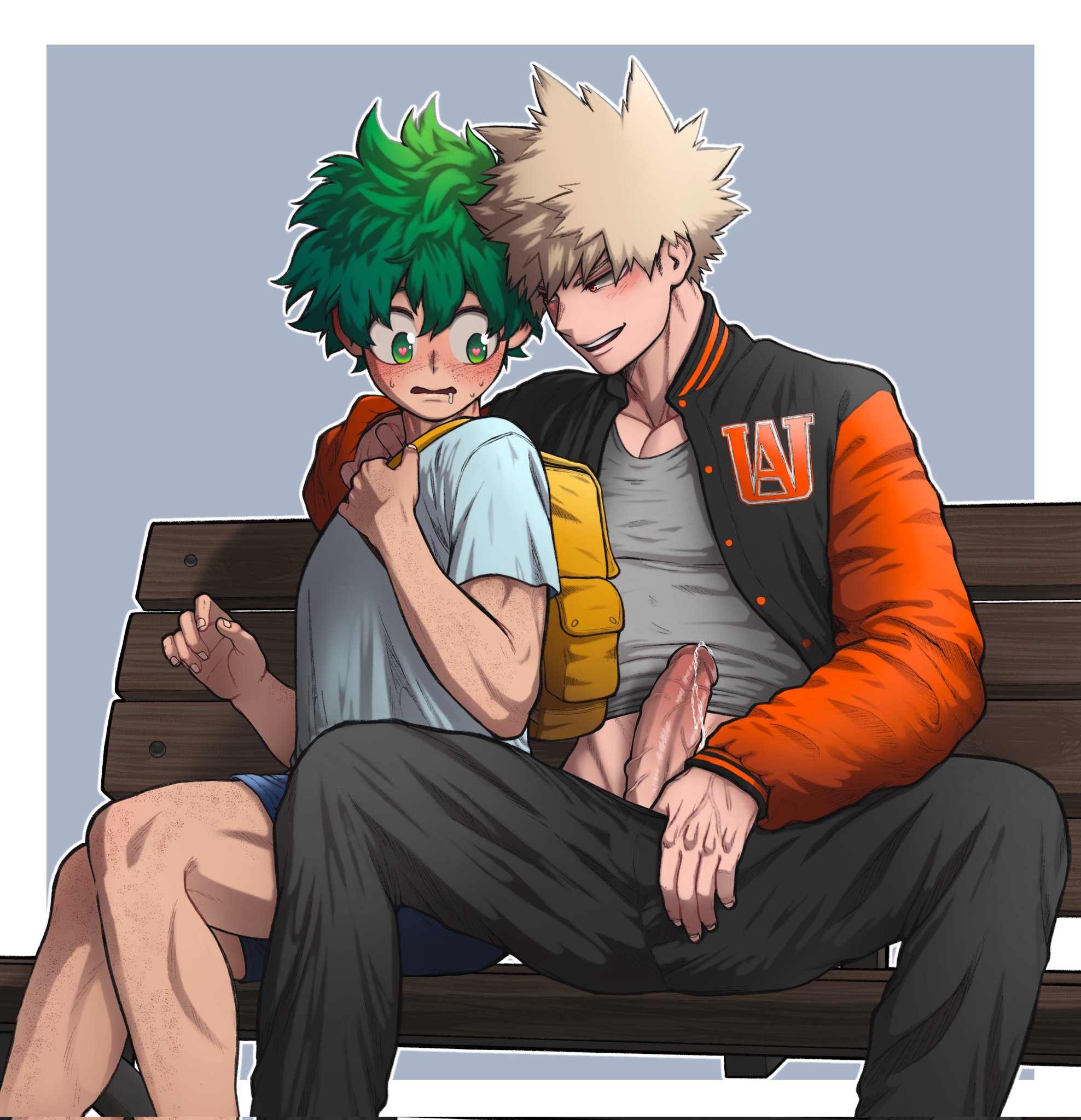 2boys, blonde hair, blonde-haired male, cum, cum drip, erection, heart-shaped pupils, izuku midoriya, katsuki bakugou, male, male only, my hero academia, penis, precum, spiky hair, yaoi
