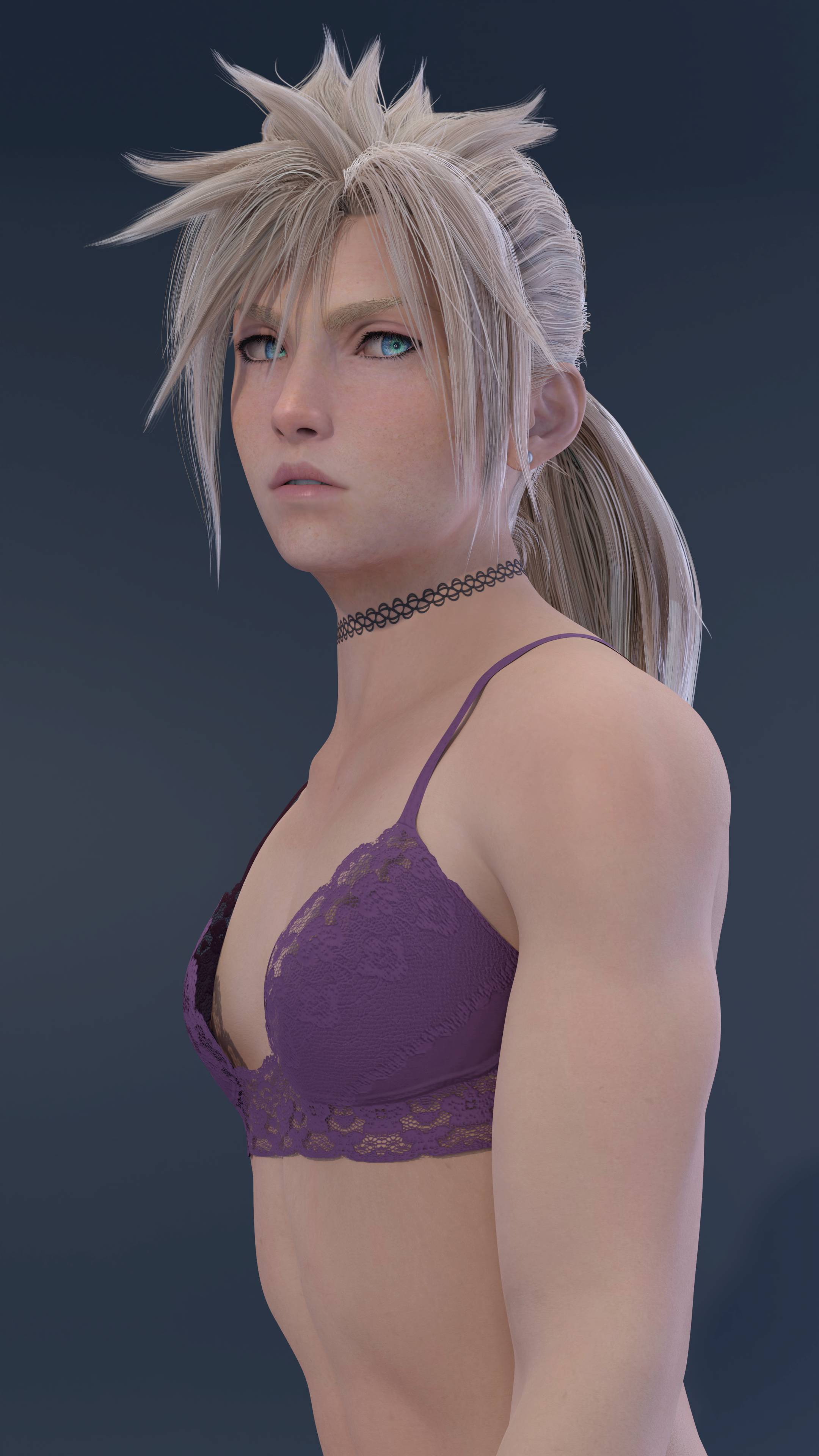 1boy, 3d, 3d (artwork), alternate hairstyle, blonde hair, blue eyes, bra, choker, cloud strife, crossdressing, emberstock, femboy, final fantasy, final fantasy vii, final fantasy vii remake, girly, light skin, light-skinned femboy, light-skinned male, long hair, looking at viewer, male, male only, ponytail, solo, trap, twink, uncensored, upper body focus