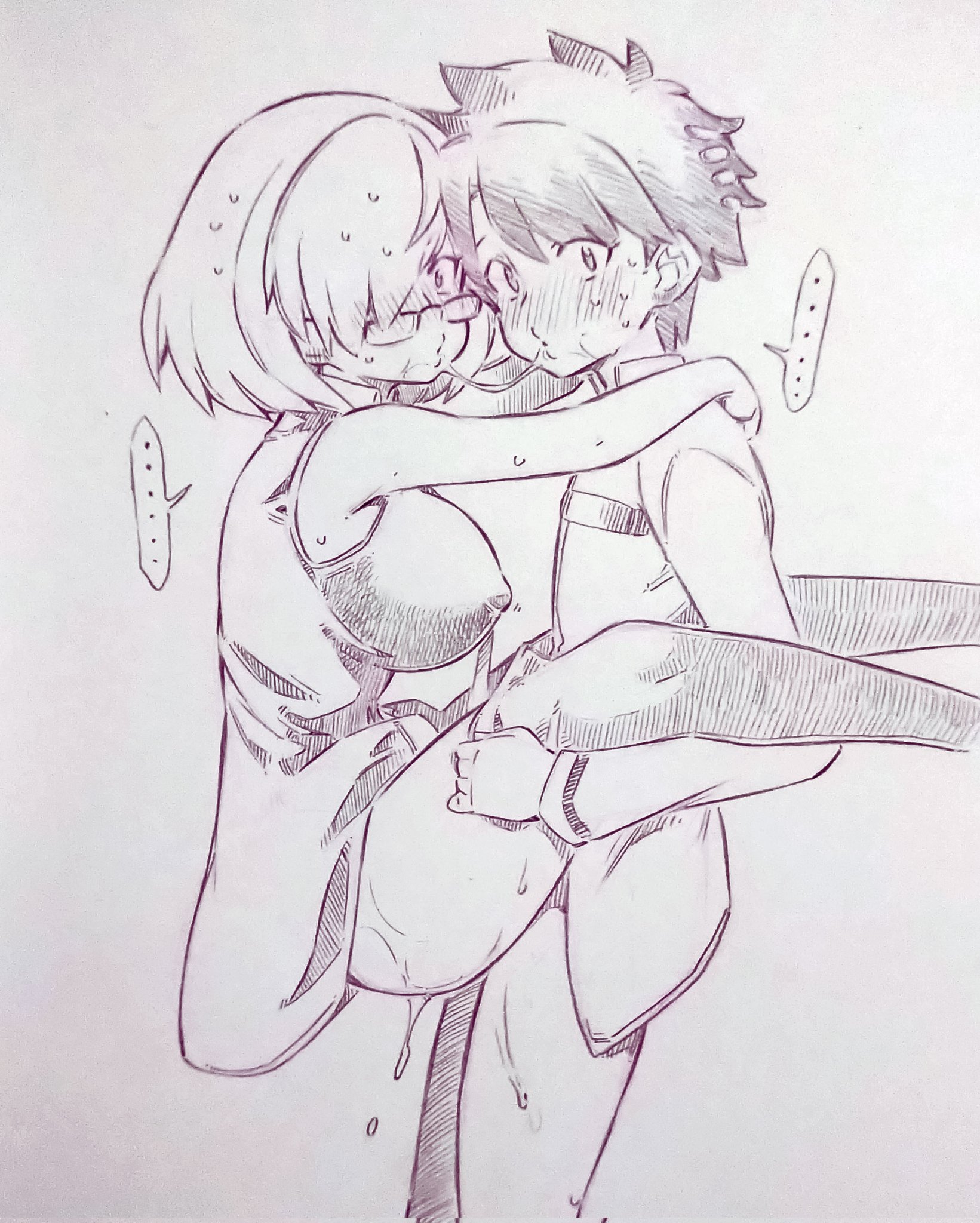 ..., 1boy, 1girls, after kiss, blush, breasts, clothed sex, commentary request, covered nipples, fate (series), fate/grand order, female, fujimaru ritsuka (male), glasses, hair over one eye, highres, human, kissing, kissing while penetrated, large breasts, looking at viewer, male, mash kyrielight, monochrome, pussy, saliva, saliva trail, sex, shirt, short hair, sleeveless, sleeveless shirt, spoken ellipsis, standing, standing sex, straight, suspended congress, sweat, teenage female, teenager, teenager on teenager, thighhighs, thighs, traditional media, tsukareta san, upright straddle, vaginal penetration