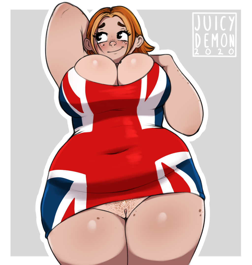 blush breasts chubby chubby_female cleavage cleavage_overflow curvy curvy_female curvy_figure dress exposed_pussy juicydemon overflowing_breasts pubes pubic_hair pussy rachel_(juicydemon) skirt_too_short union_jack upskirt