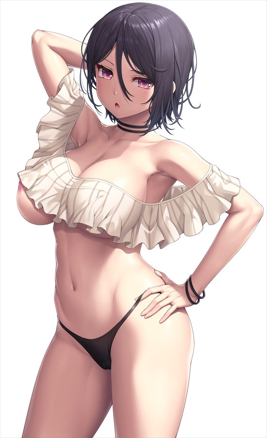 areola_slip arm_behind_head arm_up armpits bang_dream! bare_shoulders bikini black_bikini black_choker black_hair breasts cameltoe choker cleavage collarbone contrapposto cowboy_shot female frilled_bikini frills hair_between_eyes hand_on_hip lambda_(kusowarota) large_breasts looking_at_viewer mismatched_bikini navel off_shoulder pink_eyes short_hair simple_background solo standing stomach string_bikini swimsuit thighs white_background white_bikini wristband yashio_rui