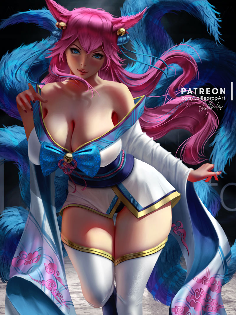 9_tails ahri alternate_costume alternate_hair_color alternate_hairstyle animal_ear_fluff animal_ears animal_girl bangs bell big_breasts black_panties blue_eyes breasts busty child_bearing_hips choker cleavage clothing curvaceous curves curvy curvy_body curvy_female curvy_females curvy_figure curvy_hips eyelashes eyeliner eyeshadow facial_markings female female_only fluffy fluffy_ears fluffy_tail fluffy_tails fox fox_ears fox_girl fox_tail furry_tail hair_ornament hair_ribbon hips hourglass_figure huge_breasts humanoid inner_ear_fluff japanese_clothes kemonomimi kimono kitsune large_breasts league_of_legends light-skinned_female light_skin lolliedrop long_hair multiple_tails nine_tailed_fox pale-skinned_female pale_skin panties pink_hair pose posing riot_games robe spirit_blossom_ahri spirit_blossom_series tail thick_thighs thighs vastaya video_games voluptuous wide_hips