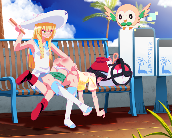 2girls angry_expression barkyhito bench black_hair blonde_hair boots breasts closed_eyes clouds crop_top duffel_bag green_eyes green_shorts hair_brush hairbrush hat holding_hairbrush lillie_(pokemon) long_hair multiple_girls nintendo outside over_knee over_the_knee_spanking palm_tree panties panties_down pokemon pokemon_sm punishment rowlet selene_(pokemon) shoes short_hair shorts shorts_down sitting_on_bench skirt sky small_breasts spanked spanking sun_hat tank_top tree white_panties white_skirt white_tank_top yellow_crop_top yuri