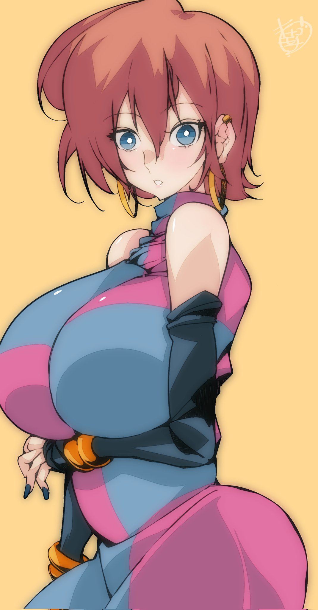 1girls, alternate hairstyle, android 21, android 21 (human), ass, big breasts, blue eyes, breasts, brown hair, dragon ball, dragon ball fighterz, female, hoop earrings oversized, huge breasts, large breasts, omochi db, short hair