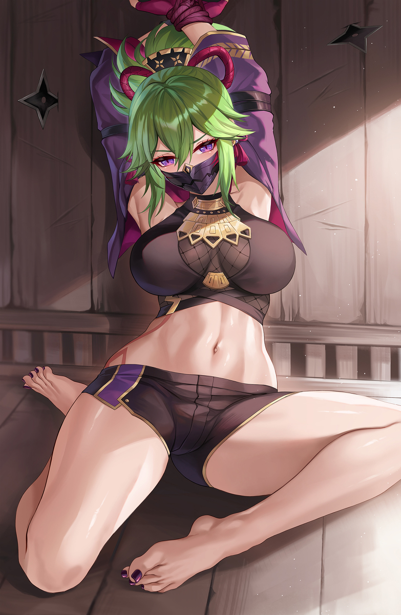 1girls armpits arms_above_head arms_up barefoot belly belly_button big_ass big_breasts bondage bound bound_arms bound_hands breasts captured crop_top feet female female_focus female_only foot_fetish genshin_impact green_hair hair_ornament hairy_pussy kacyu kidnapped kuki_shinobu looking_at_viewer mask midriff mihoyo nail_polish navel necklace ninja panties photo photo_(object) picture ponytail presenting purple_eyes restrained restraints ribbon ribbons rope rope_bondage shorts sitting soles solo solo_female solo_focus tattoo thick_thighs thighs tied tied_arms tied_hands tied_up toes