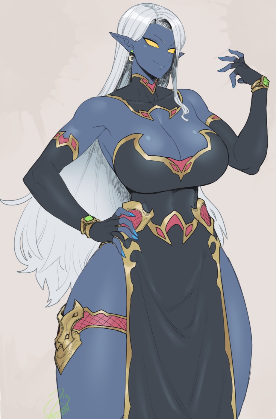 big breasts, blue nails, breasts, cropped, dark elf, earrings, evil grin, female, female only, huge breast, large breasts, massive breasts, original, original character, spacezin, tagme, thick thighs, white hair