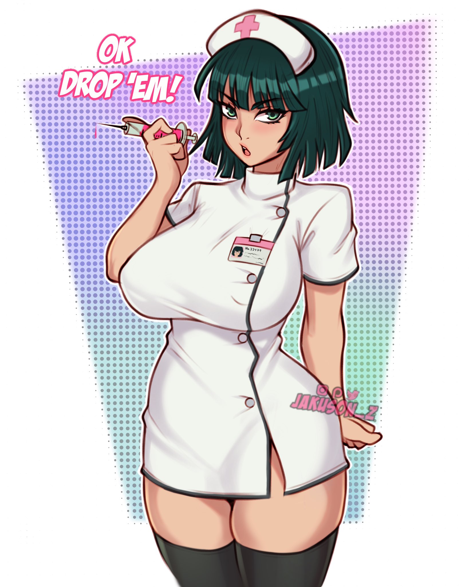 1girls, 2021, bangs, blush, bob cut, breasts, buttons, clothed, clothing, collared dress, curvaceous, curvy, curvy body, curvy female, curvy figure, dark green hair, dialogue, english text, eye contact, eyelashes, female, female focus, female only, fringe, front view, fubuki (one-punch man), green eyes, green hair, high boots, highres, hips, hourglass figure, jakuson z, light skin, light-skinned female, lips, lipstick, looking at viewer, medium hair, minidress, needle, nurse, nurse uniform, one-punch man, open mouth, short hair, short skirt, skirt, slim, slim waist, solo, solo female, solo focus, standing, stockings, syringe, thick, thick thighs, thigh squish, thighs, thin waist, tight clothing, voluptuous, waist, wide hips, zettai ryouiki