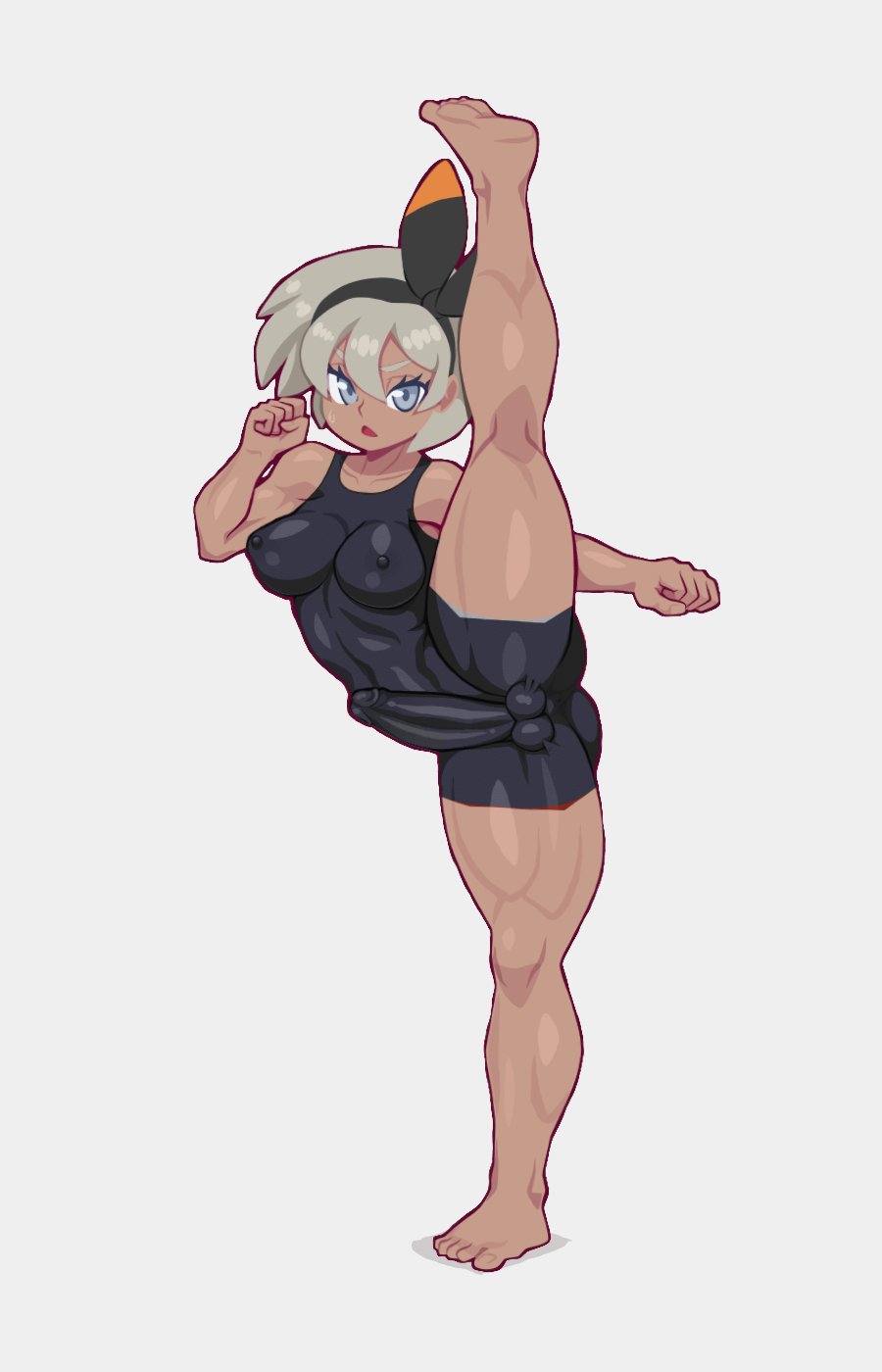 1futa, 2022, areolae, balls, bea (pokemon), big breasts, big penis, blue eyes, bodysuit, breasts, clothed, clothing, dark skin, dark-skinned futa, erection, erection under clothes, full body, fully clothed, futa only, futanari, grey background, grey hair, human, intersex, nipple bulge, nipples, penis, pokemon, pokemon ss, purplehorn (artist), short hair, solo, splits, standing, thick thighs, tight clothing, vertical splits