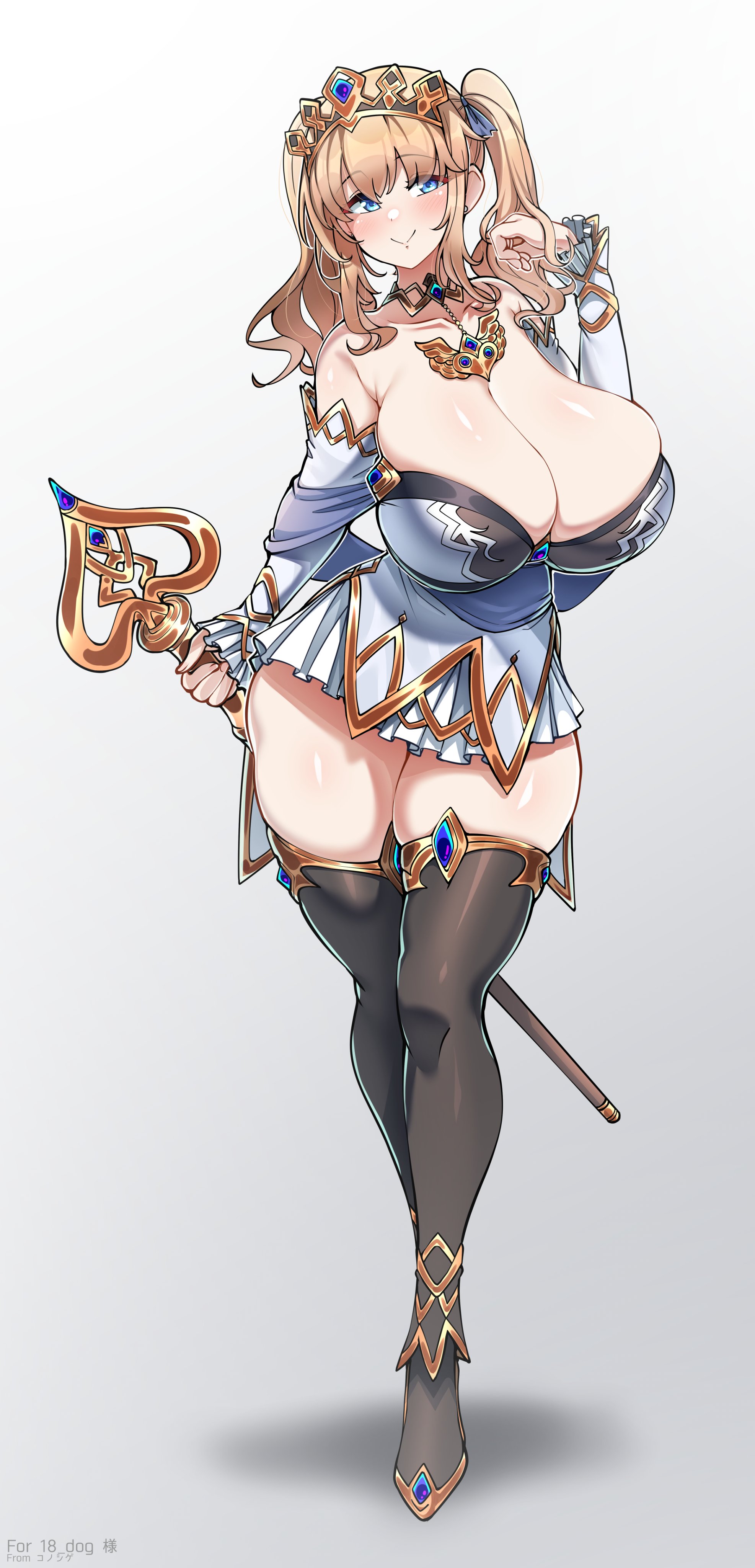 1girls, absurdres, bangs, blonde hair, blue eyes, blush, blush stickers, breasts, cleavage, cleric, female, female only, frilled skirt, frills, gigantic breasts, highres, holding, huge breasts, konoshige (ryuun), long hair, long sleeves, looking at viewer, original, original character, ryuun (stiil), short twintails, skindentation, skirt, smile, solo, staff, thick thighs, thighhighs, thighs, tiara, tight, twintails, weapon, wide hips