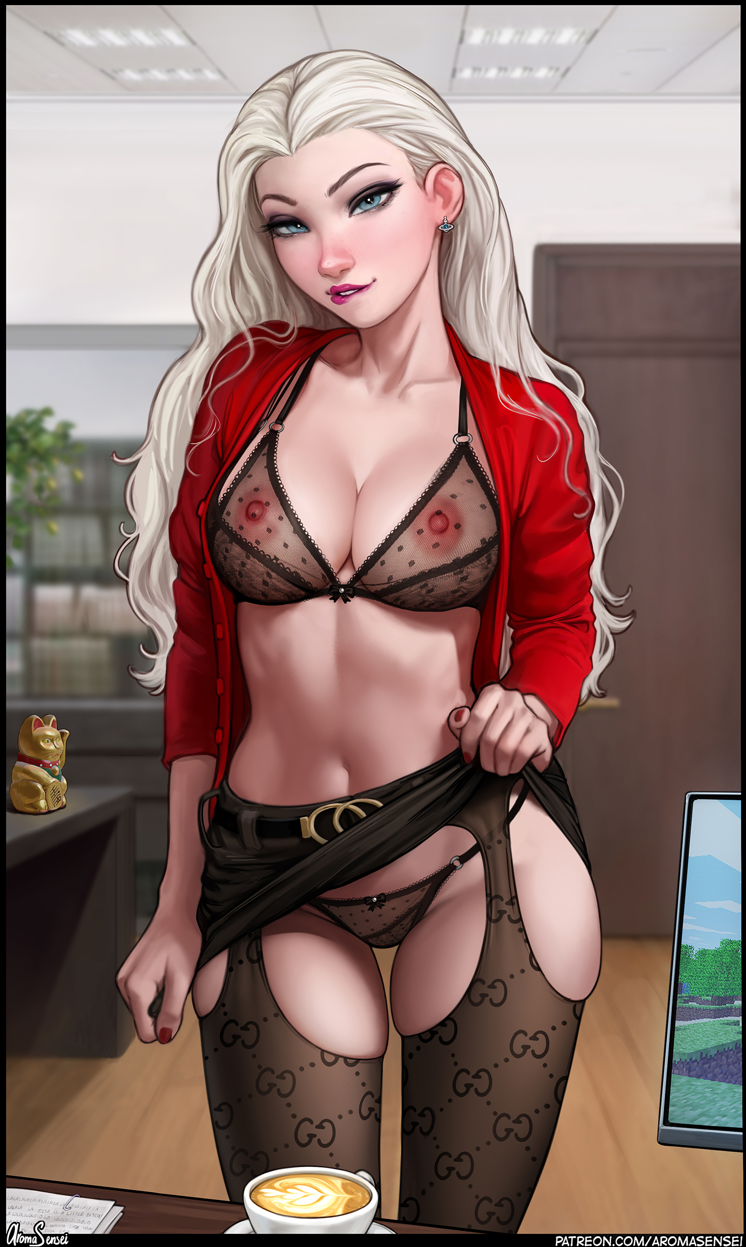 1girls, 2022, alternate version available, aroma sensei, blue eyes, bra, breasts, character name, cleavage, clothing, coffee, detailed background, disney, elsa (frozen), female, frozen (film), hips, large breasts, leggings, lip biting, nipples, nipples visible through clothing, no text version, office lady, open shirt, short skirt, signature, skirt, slim waist, small breasts, solo, solo female, stockings, text, textless, thick thighs, thighs, tights, white hair, wide hips