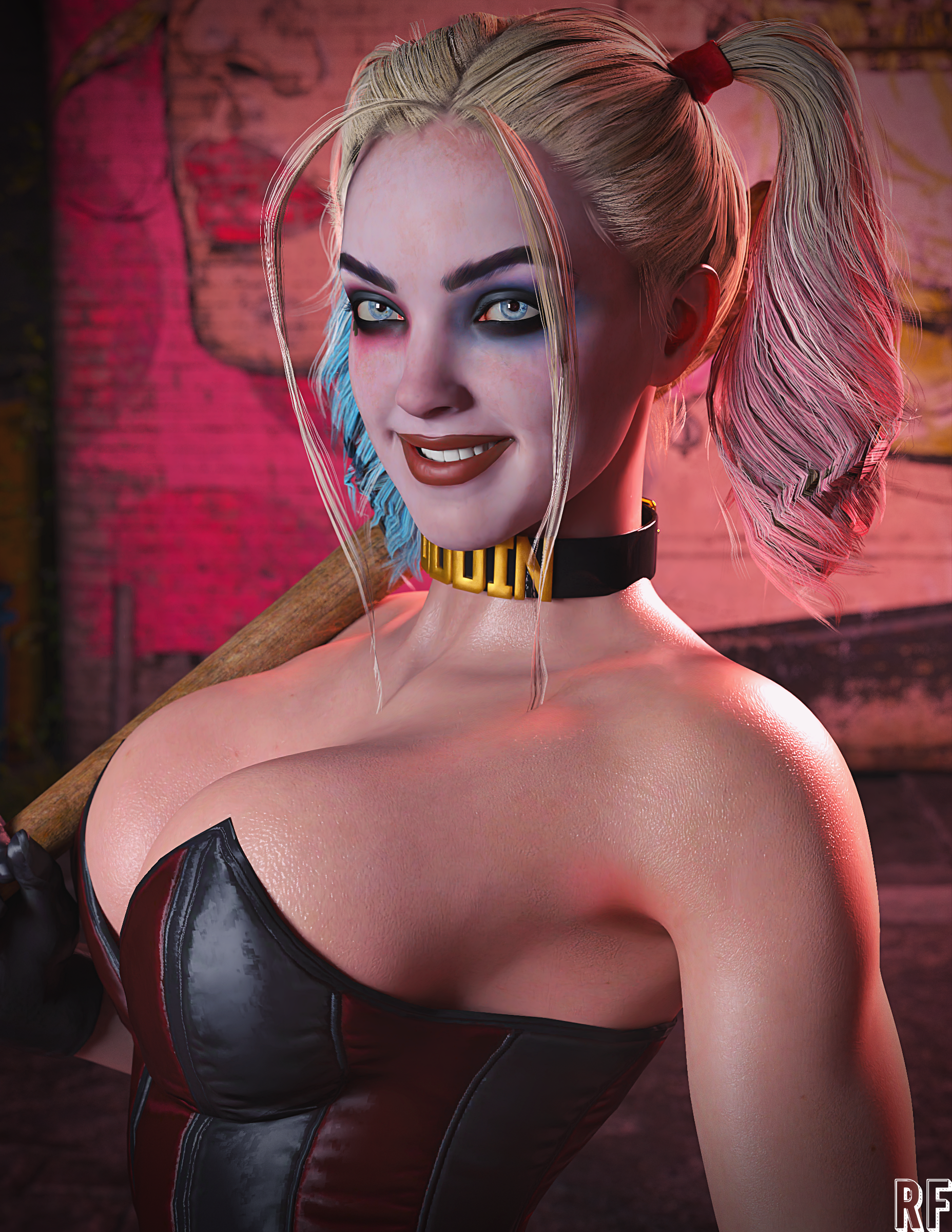 1girls, 3d, 3d (artwork), batman (series), blender, blonde female, breasts, clothing, dc, dc comics, female, harley quinn, harley quinn (injustice), high resolution, injustice 2, multicolored hair, rude frog, smile, solo female, twintails