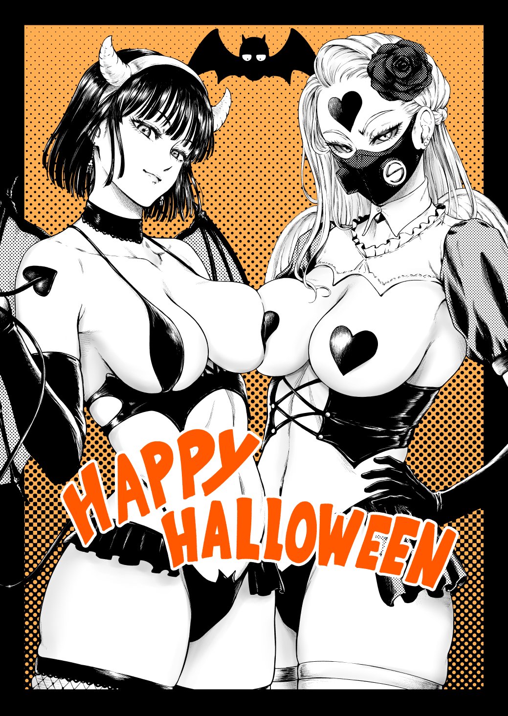 2girls, bangs, bare shoulders, belly, belly button, big breasts, bikini, black and white, black hair, black sclera, bob cut, breast press, breast squeeze, breast squish, breast to breast, breasts, busty, choker, clothed, clothing, costume, curvy, curvy body, curvy female, curvy figure, earrings, eye contact, eyelashes, face markings, female, female focus, female only, fishnet stockings, fishnets, flower in hair, fringe, front view, fubuki (one-punch man), gloves, greyscale, halloween, hand on hip, heart pasties, hips, hourglass figure, kaijin hime do-s, kiyosumi hurricane, large breasts, legs, lingerie, lips, lipstick, long gloves, long hair, looking at viewer, mask, medium hair, midriff, monochrome, monster girl, navel, one-punch man, orange background, panties, pantyhose, pasties, piercing, revealing clothes, short hair, smile, smiling, smiling at viewer, smirk, standing, stockings, stomach, thick legs, thick thighs, thighs, tight clothing, toned, toned body, toned female, toned stomach, underwear, voluptuous, whip, wide hips