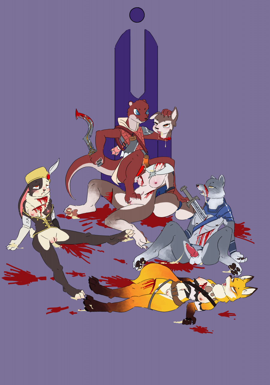 3_toes andrew_(zeetyphlosion) animal_genitalia animal_penis anthro armello armor blood bodily_fluids bottomless canid canine canine_penis canis claws clothed clothing corpse crowskull cum cum_in_mouth cum_inside cum_on_ground death decapitation elyssia_(armello) feet female female_death fox genital_fluids genitals gore group hi_res knife lagomorph leporid lutrine male_death mammal melee_weapon multiple_deaths mustelid necrophilia nipples pawpads penis pussy rabbit river_(armello) scarlet_(armello) severed_head simple_background snuff solo sword thane_(armello) throat_slitting toe_claws toes video_games weapon wolf