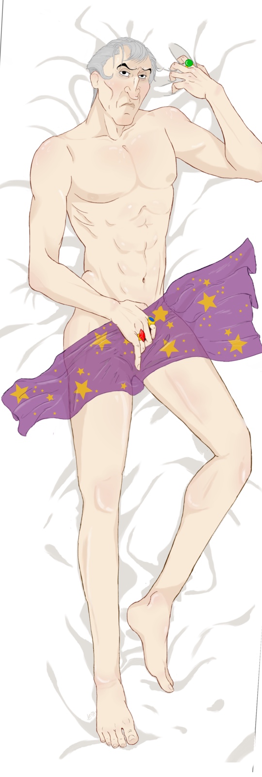 1boy abs bare_arms bare_legs bare_shoulders barefoot bed bed_sheet censored claude_frollo disney feet highres jewelry judge_claude_frollo looking_at_viewer male_only non-web_source nude ring short_hair silk the_hunchback_of_notre_dame toes white_background white_hair