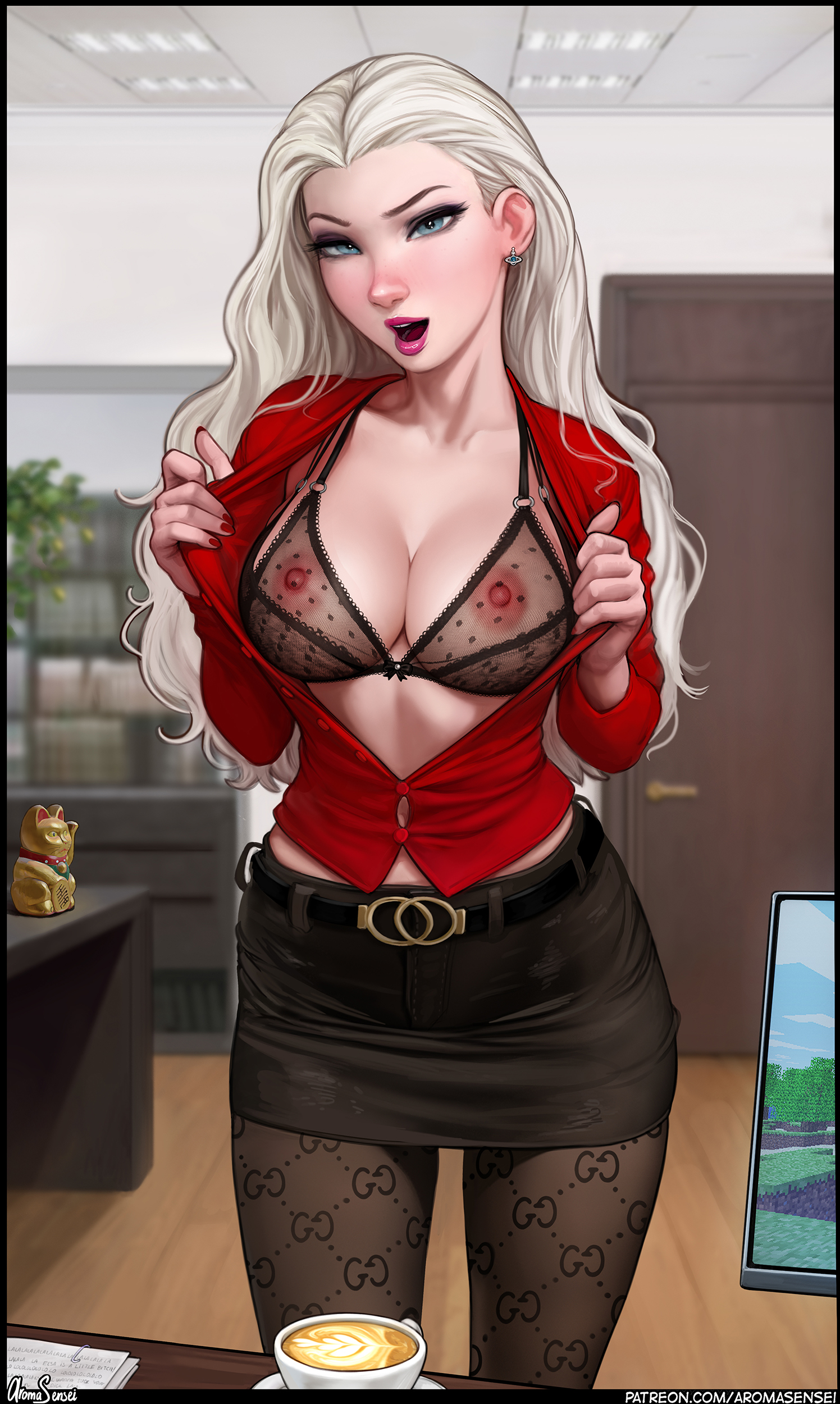 1girls, 2022, alternate version available, aroma sensei, blue eyes, bra, breasts, character name, cleavage, clothing, coffee, detailed background, disney, elsa (frozen), female, frozen (film), hips, large breasts, leggings, nipples, nipples visible through clothing, no text version, office lady, open shirt, short skirt, signature, skirt, slim waist, small breasts, text, textless, thick thighs, thighs, tights, white hair, wide hips