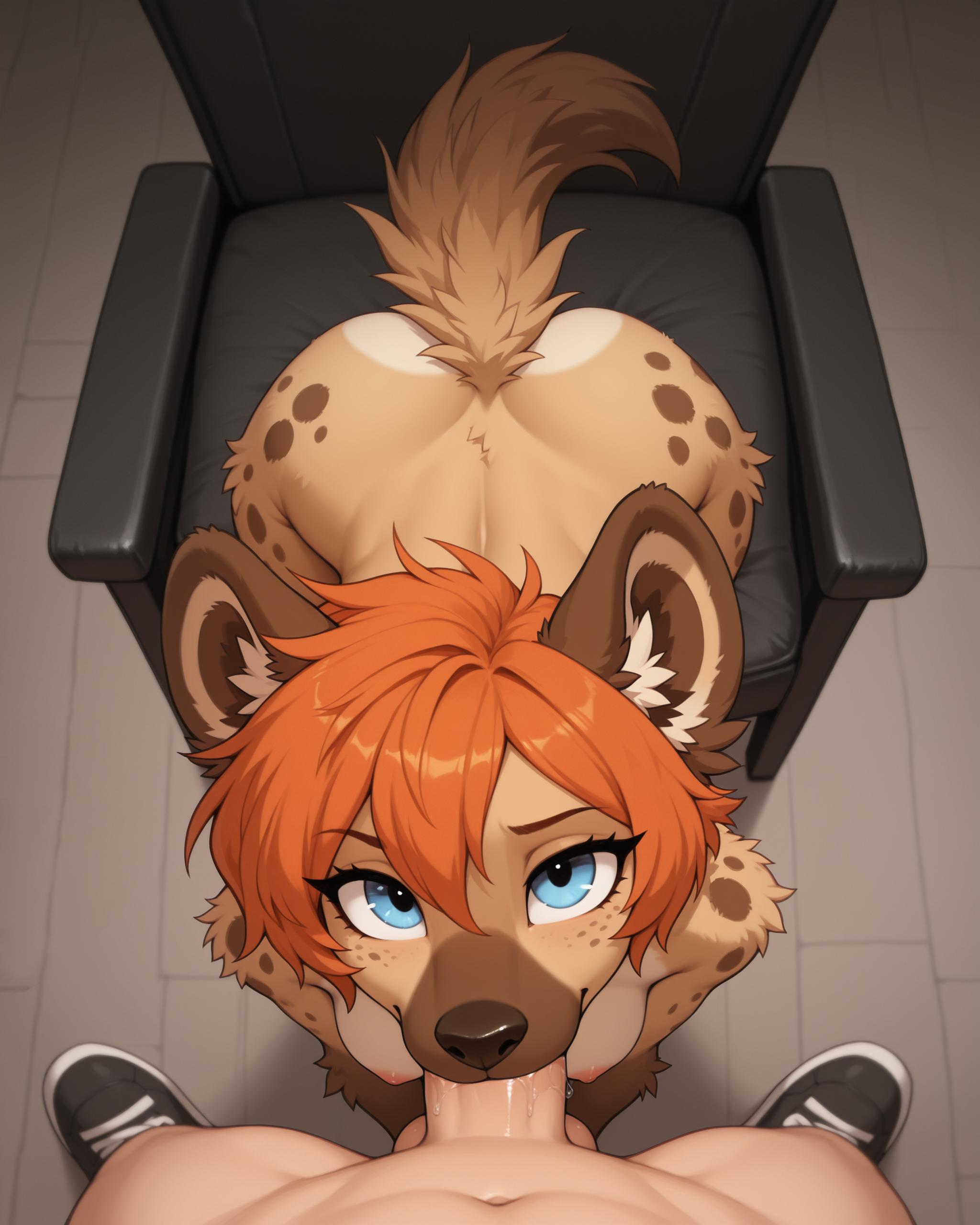 absurd res, ai generated, anthro, anthro penetrated, ass, big ears, blue eyes, bodily fluids, bottomwear, breasts, brown body, brown fur, brown nose, chair, cheerleader, cheerleader outfit, clothing, duo, eyebrows, female, first person view, floor, footwear, freckles, fur, furniture, genitals, hair, hi res, human, human on anthro, human penetrating, human penetrating anthro, hyaenid, inside, interspecies, leaning, leaning forward, looking at viewer, looking up, looking up at viewer, male, male on anthro, male pov, male/female, mammal, medium breasts, nipples, nude, on chair, oral, oral penetration, orange hair, penetration, penis, raised eyebrow, saliva, sex, shoes, short hair, short tail, sitting, sitting on chair, slim, spots, spotted body, spotted fur, tan body, tan fur