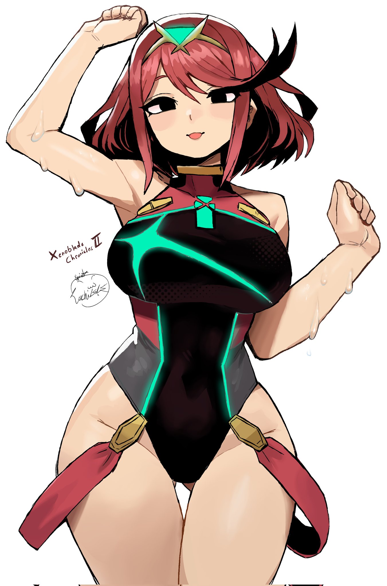 1girls, bangs, big breasts, black swimsuit, breasts, female, female only, gem, headpiece, jewelry, large breasts, looking at viewer, lunchiblz, nintendo, one-piece swimsuit, open mouth, pyra, red hair, short hair, simple background, smile, solo, swept bangs, swimsuit, thigh gap, tiara, white background, xenoblade (series), xenoblade chronicles 2