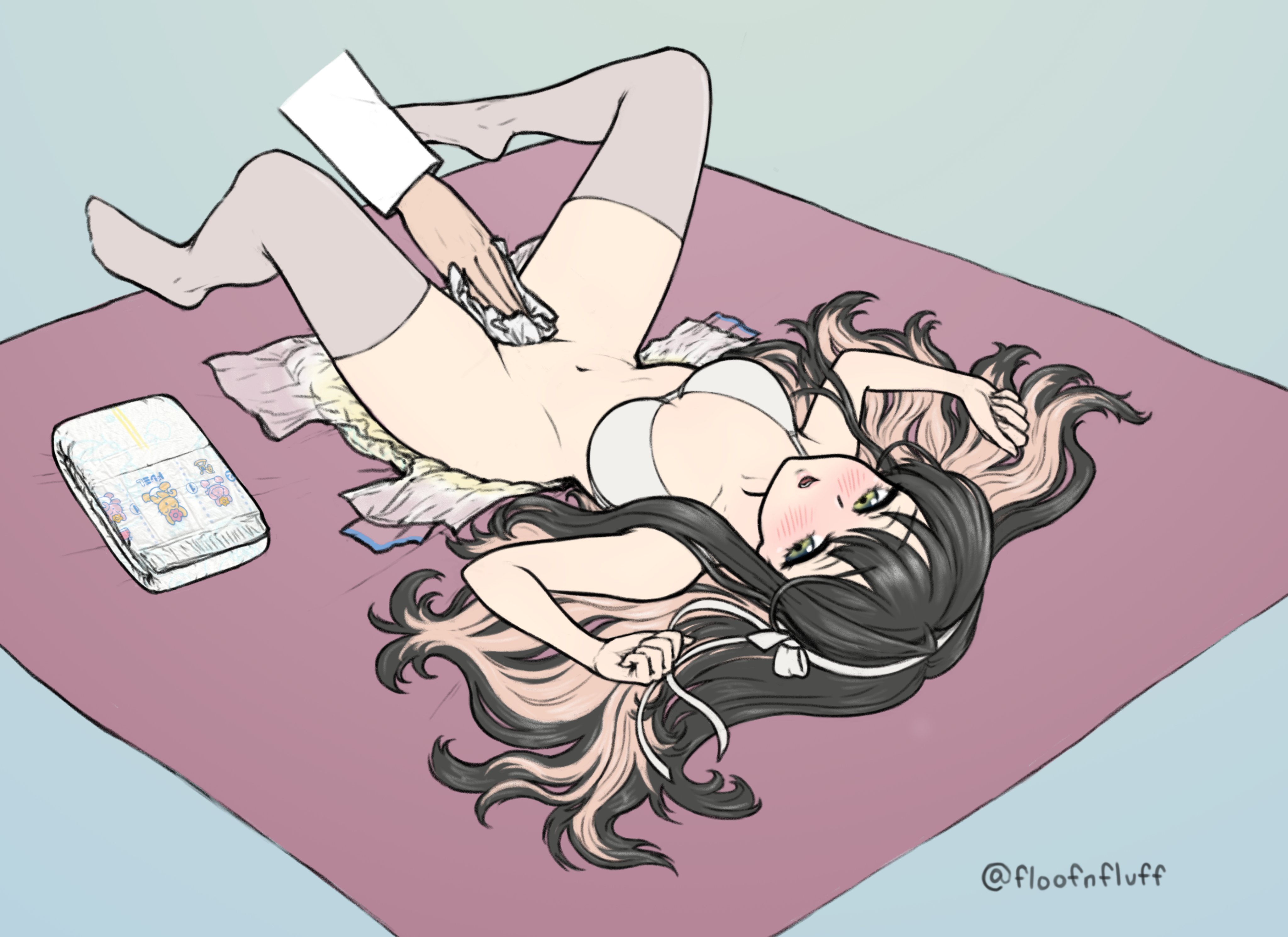 diaper, diaper change, disembodied hand, female, floofnfluff, long hair, lying on back, lying on blanket, open diaper, stockings, used diaper, wiping pussy
