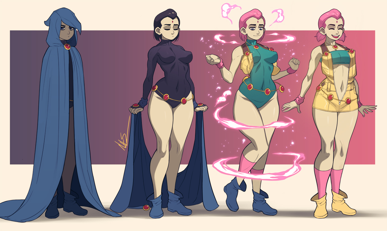bare legs, bare shoulders, bimbofication, clothing transformation, dc, dc comics, dreadful exmile, female only, feminization, femsub, grey skin, leotard, personality change, pink hair, purple eyes, purple hair, raven (dc), short hair, smile, teen titans, transformation, triplexmile