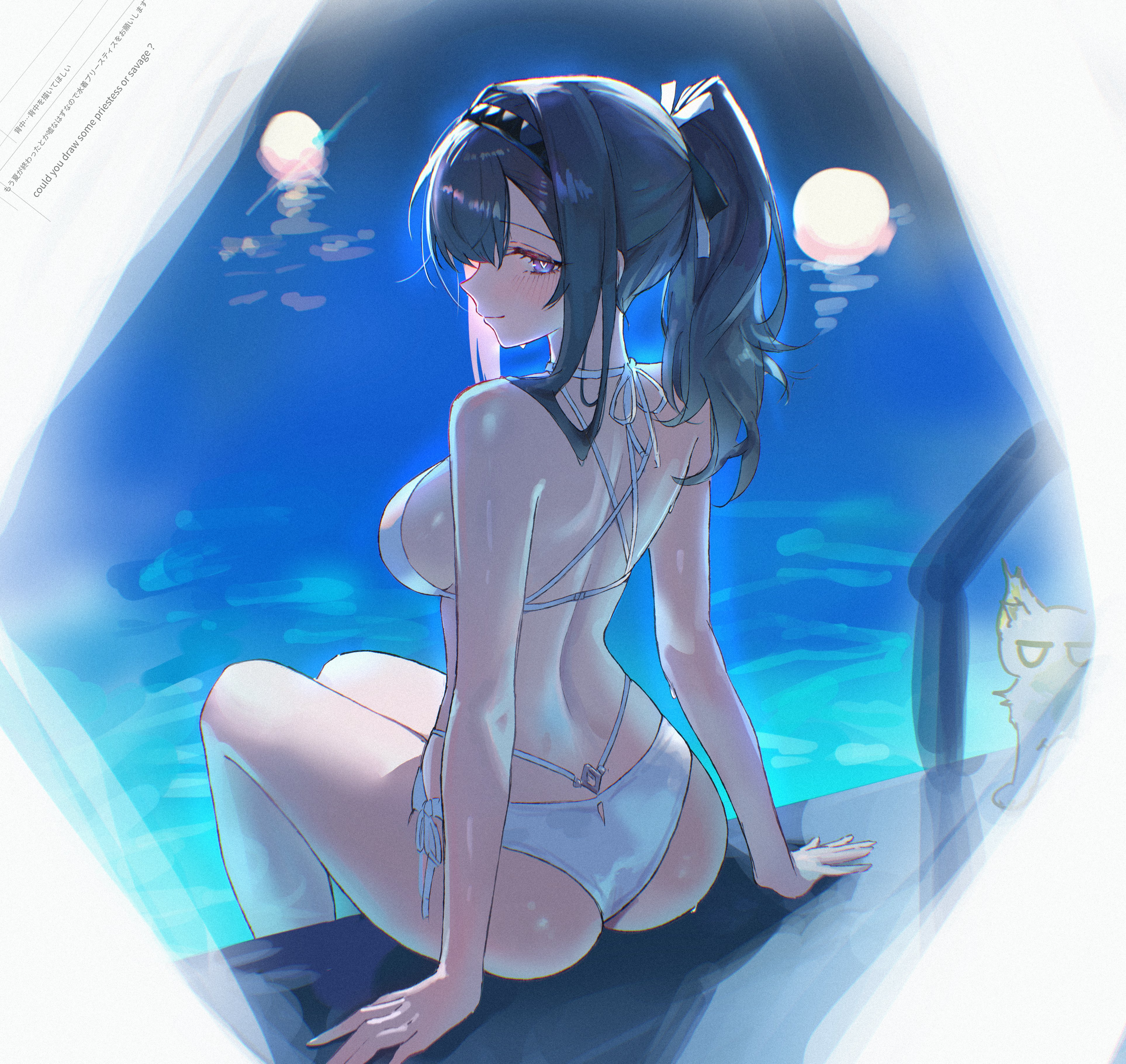 absurdres, animal, arknights, arm support, ass, bikini, black ribbon, blue eyes, blue hair, blush, breasts, feline, female, from behind, hair ribbon, heart, heart-shaped pupils, highres, kal'tsit (arknights), large breasts, long hair, looking at viewer, looking back, pink eyes, ponytail, pool, poolside, priestess (arknights), ribbon, side-tie bikini bottom, smile, solo, swimsuit, symbol-shaped pupils, uof, wet, white bikini, white cat