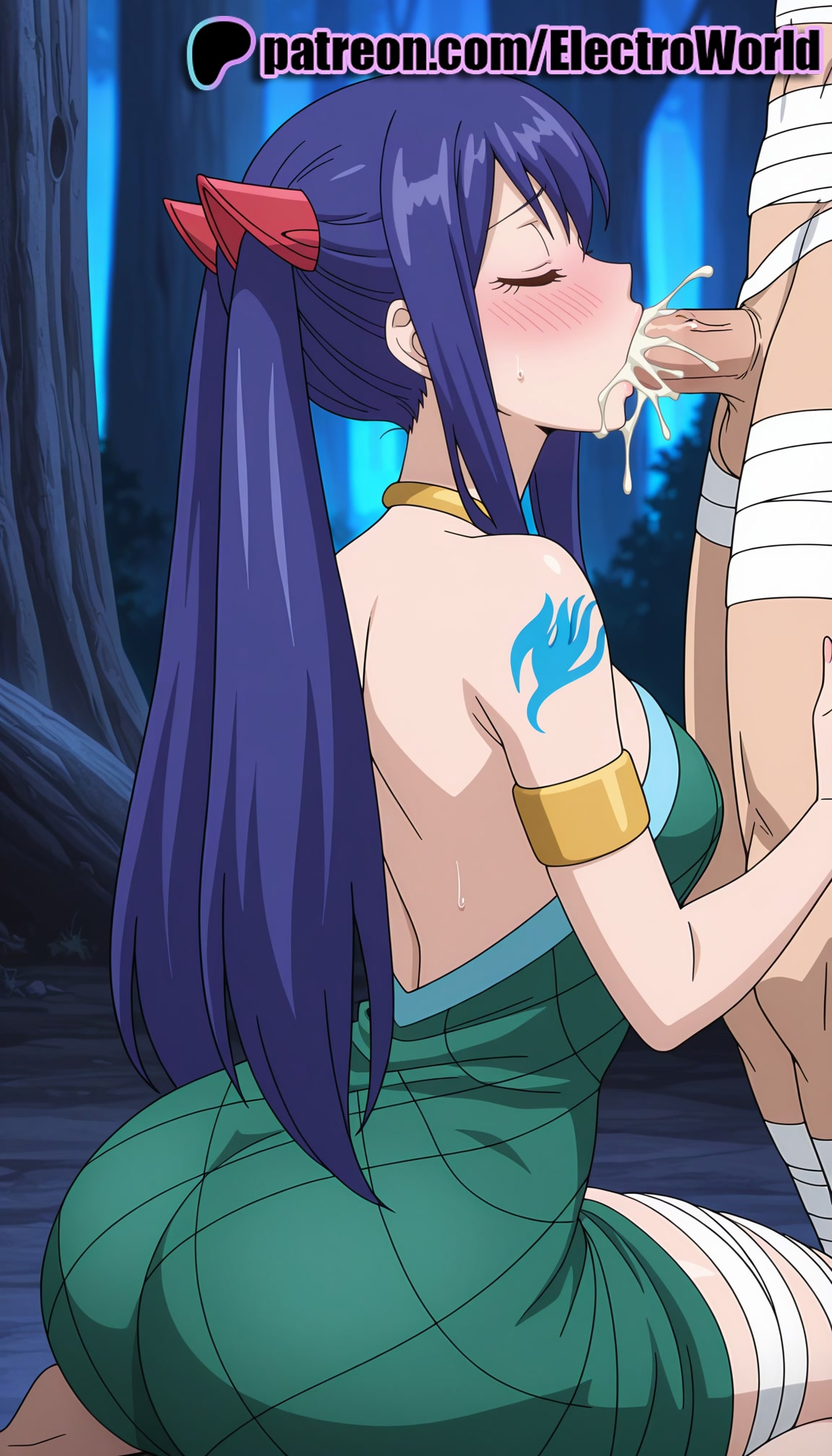 1boy, 1girls, 2025, aged up, ai generated, arm wrap, artist name, backless outfit, bandage on face, bandage over one eye, bandaged arm, bandaged hand, bandaged head, bandaged leg, bandaged neck, bandages, bandaid, bandaid on face, bandaid on knee, blowjob, blowjob face, blue hair, blue tattoo, blue-haired female, blush, breasts, budget sarashi, bust, cast, chest, cock, cum, cum in mouth, dick, electroworld, fairy tail, fairy tail mark, fellatio, female, hi res, high quality, high resolution, highres, leg wrap, licking, mummy, mummy costume, naked bandage, oral, oral sex, patreon, patreon username, penis, ponytail, sarashi, shoulder tattoo, stable diffusion, straight, sucking, tattoo, tree, watermark, wendy marvell, wrist wrap