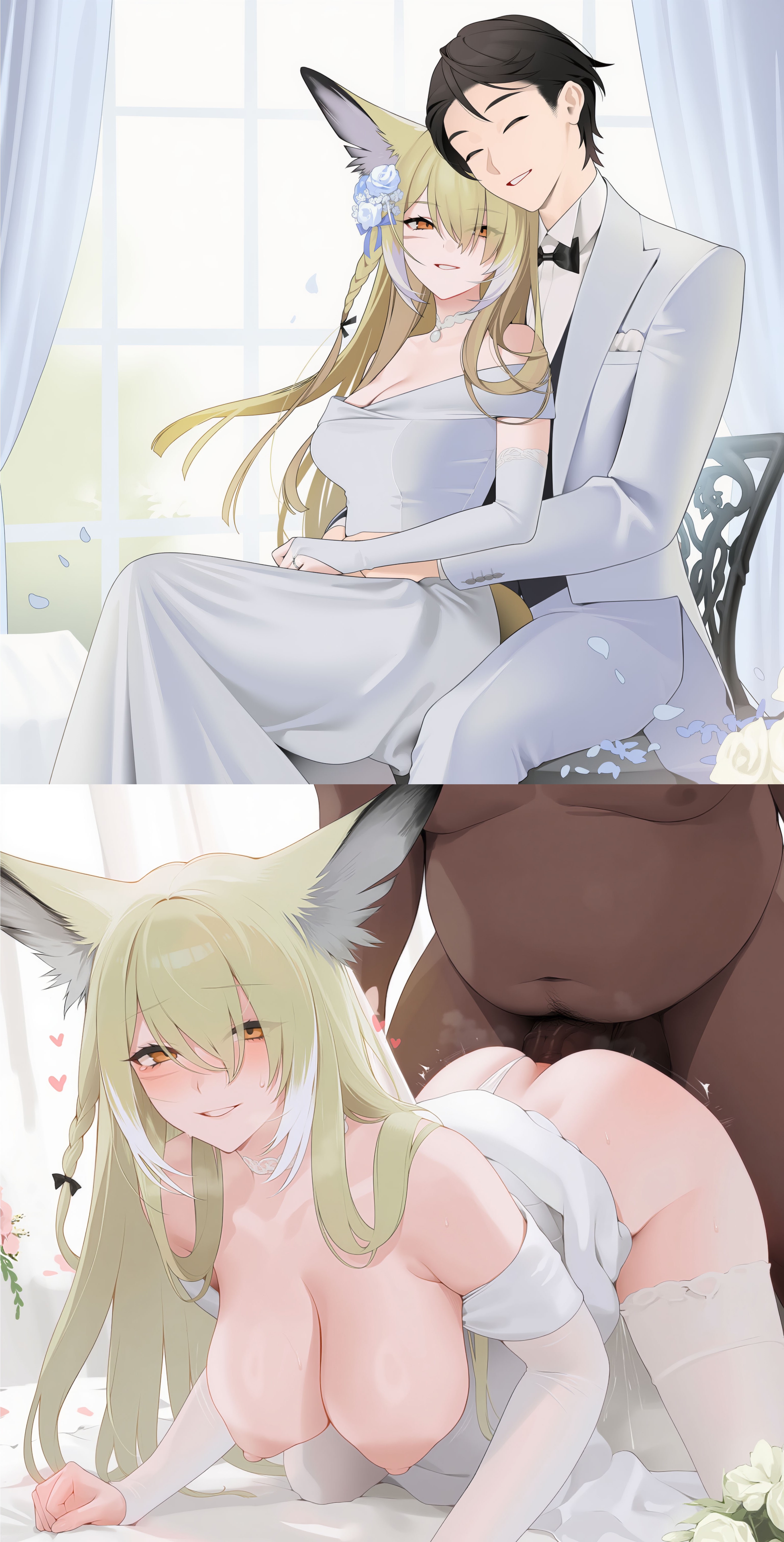 1girls, 2boys, 2koma, ai generated, arknights, bride, couple, cuckold, dark-skinned male, flower, fox ears, fox girl, from behind, huge breasts, interracial, light-skinned female, looking at viewer, mikerss, netorase, pussy juice, sitting, vulpisfoglia (arknights), wedding dress, wedding gloves
