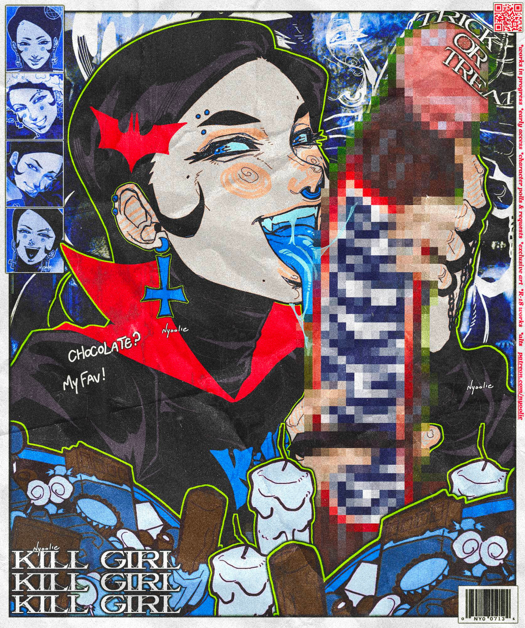 1boy, 1girls, 2d, big penis, blue mouth, blue tongue, candy, censored, chocolate, cock, cross earrings, dark skin, dark-skinned male, ear piercing, earrings, english, english text, fellatio, female, halloween, hand on penis, handjob, holidays, huge cock, interracial, jewelry, kill girl, licking, licking penis, light skin, light-skinned female, male, male/female, mosaic censoring, nyoolie, original, original character, penis, piercing, snickers, vampire, vampire girl