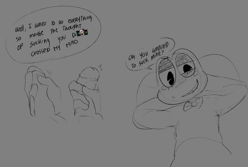 1boy, 1futa, 4 fingers, amphibian, anthro, assisted masturbation, big penis, blush, bodily fluids, bow tie, caine (tadc), caine (the amazing digital circus), caine censorship, censor bar, censored text, cushion, dialogue, duo, english text, fingers, frog, futa with male, futanari, genitals, glitch productions, gynomorph, gynomorph/male, hand on penis, hands behind head, huge cock, intersex, intersex/male, jax (tadc), jax (the amazing digital circus), karnthud, lagomorph, leporid, looking down, lying, male, mammal, masturbation, motion lines, on back, penile, penile masturbation, penis, penis grab, rabbit, ribbit (tadc), ribbit (the amazing digital circus), smile, speech bubble, sweat, sweatdrop, tadc censor bar, teasing, text, the amazing digital circus
