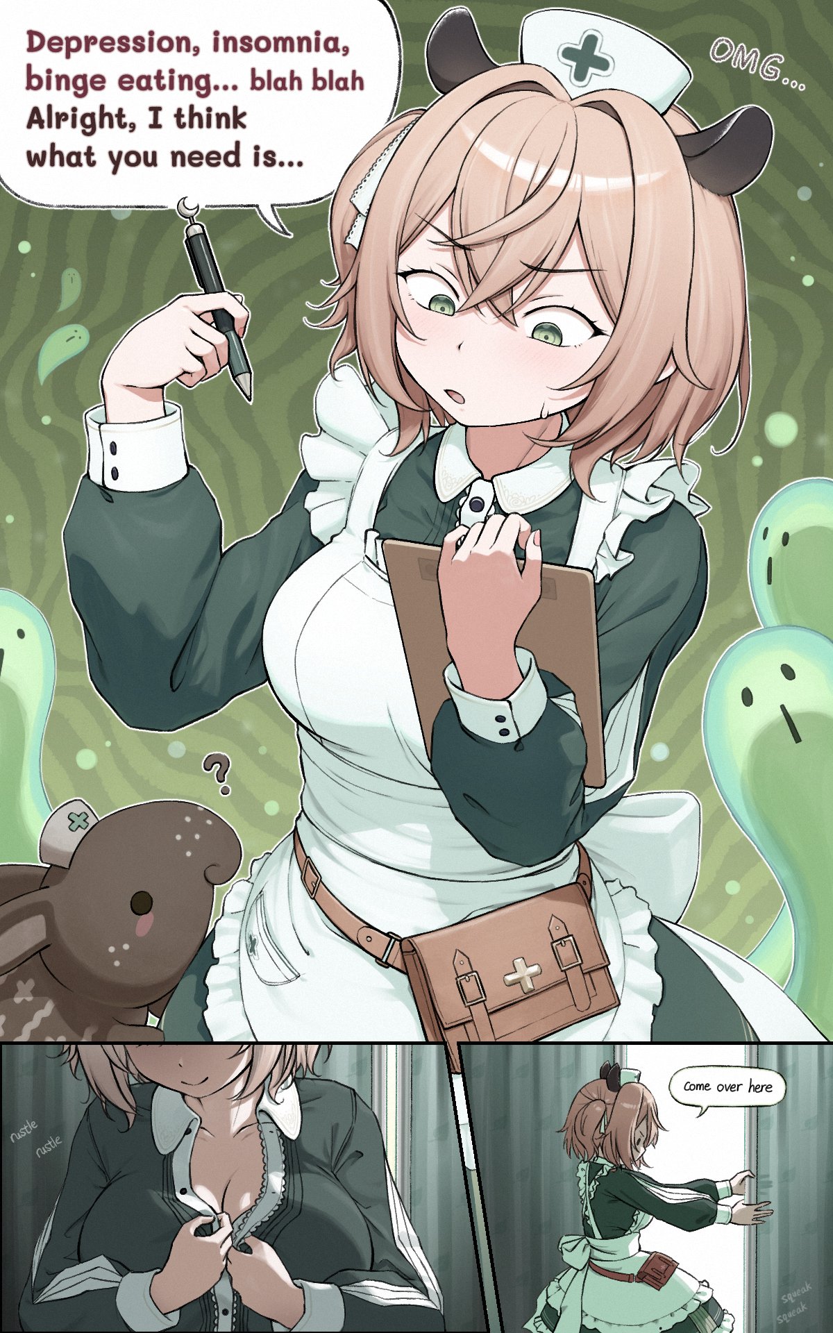 1girls, 30kton, 3koma, animal ears, breasts, brown hair, english text, fan mascot (vtuber), ghosts, green eyes, huge breasts, indie virtual youtuber, indoors, light skin, light-skinned female, naplings (nimi nightmare), nimi nightmare, nimi nightmare (tapir), notepad, nurse, nurse cap, nurse uniform, onomatopoeia, pencil, seductive, tapir ears, tapir girl, text, undressing, uniform, virtual youtuber